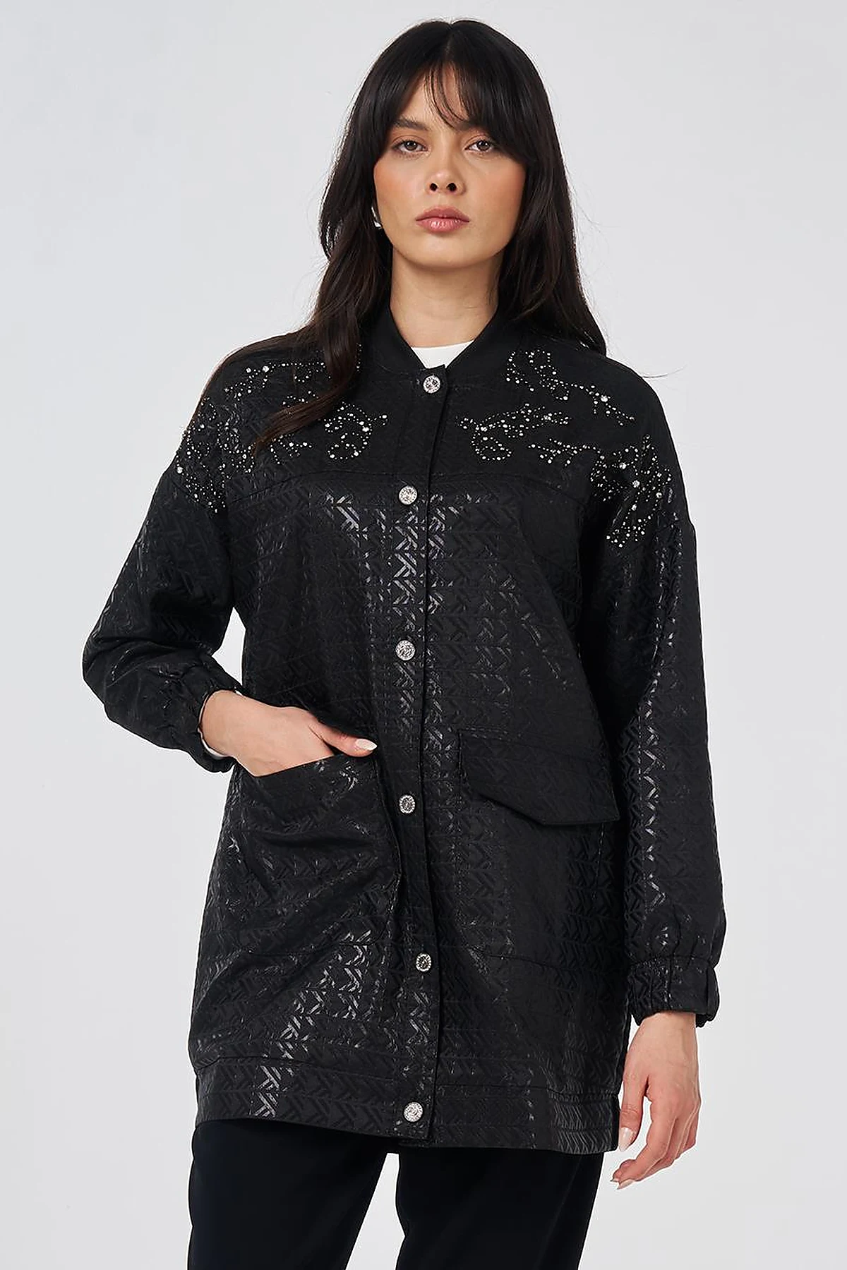 Embroidered Detail Jacquard Jacket Black