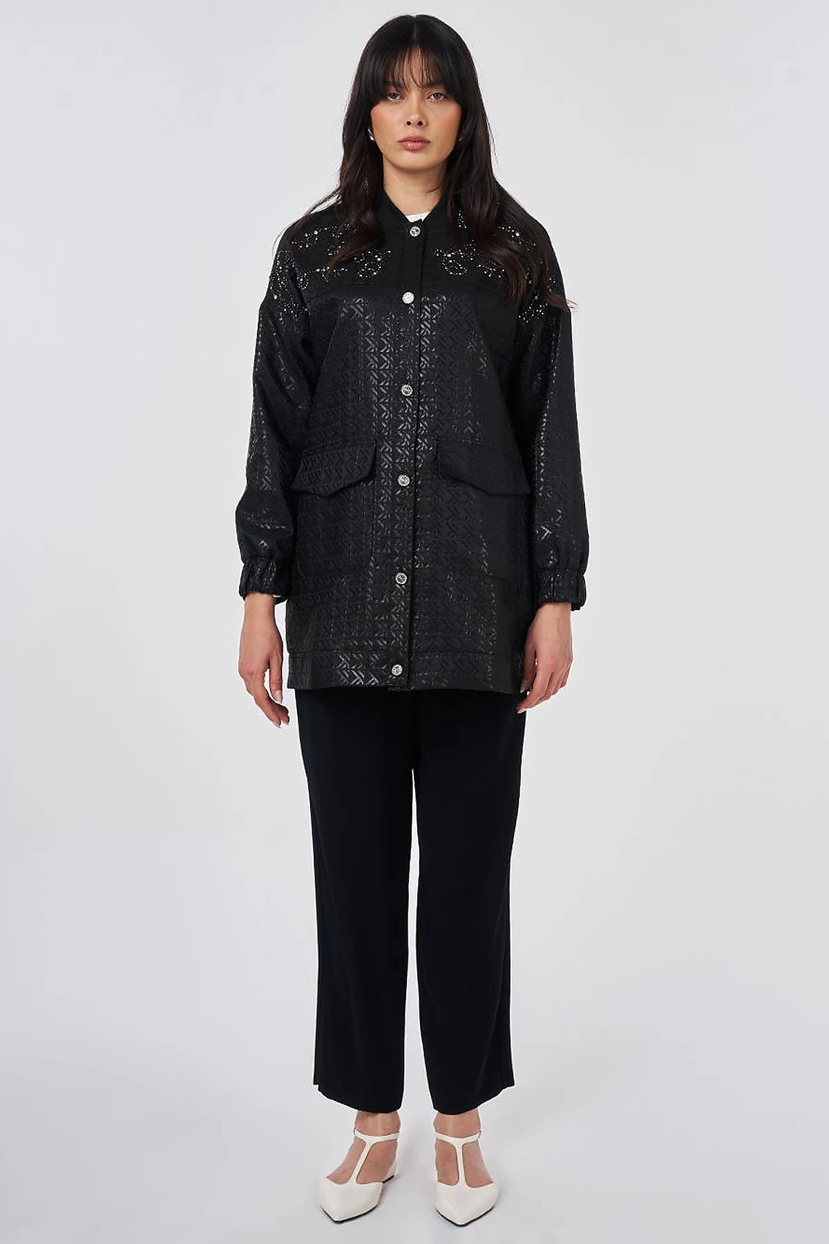 Embroidered Detail Jacquard Jacket Black