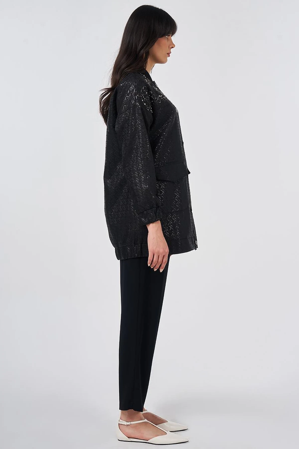 Embroidered Detail Jacquard Jacket Black