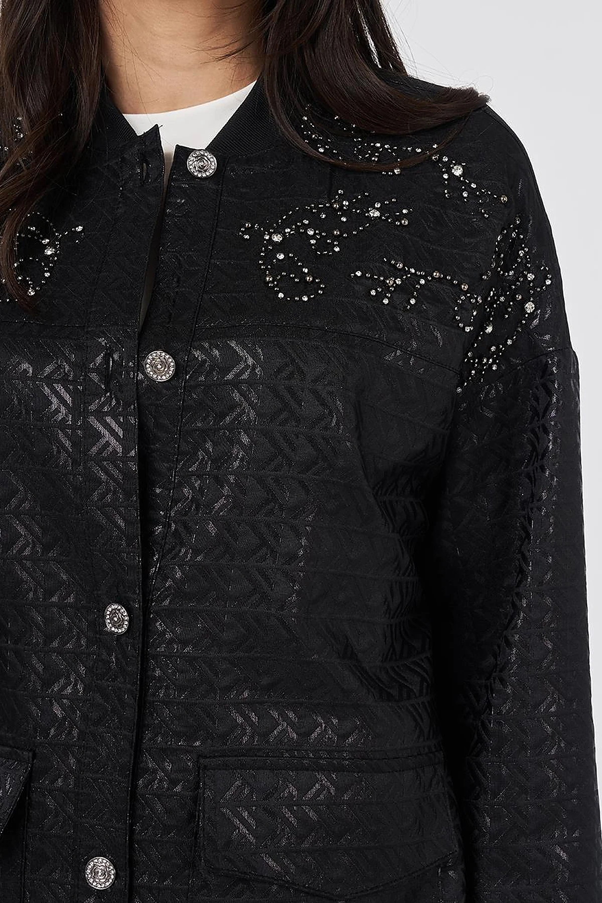 Embroidered Detail Jacquard Jacket Black