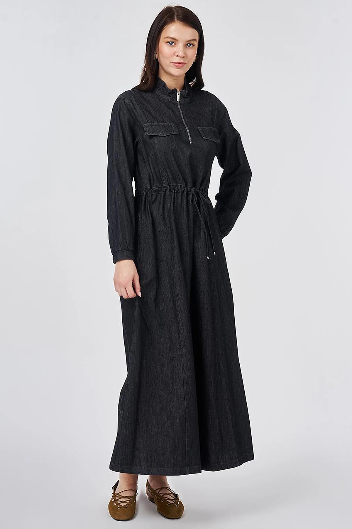 Flap-Pocket Denim Dress Anthracite