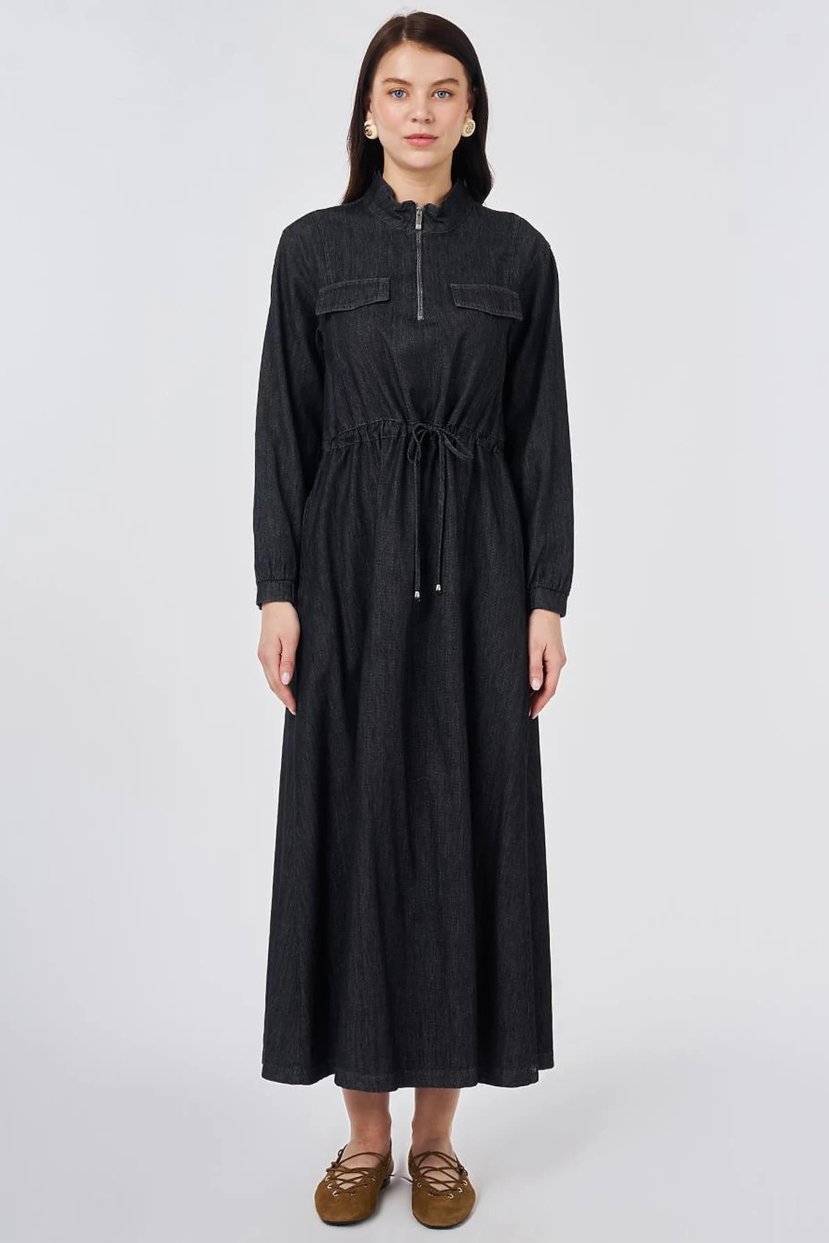 Flap-Pocket Denim Dress Anthracite