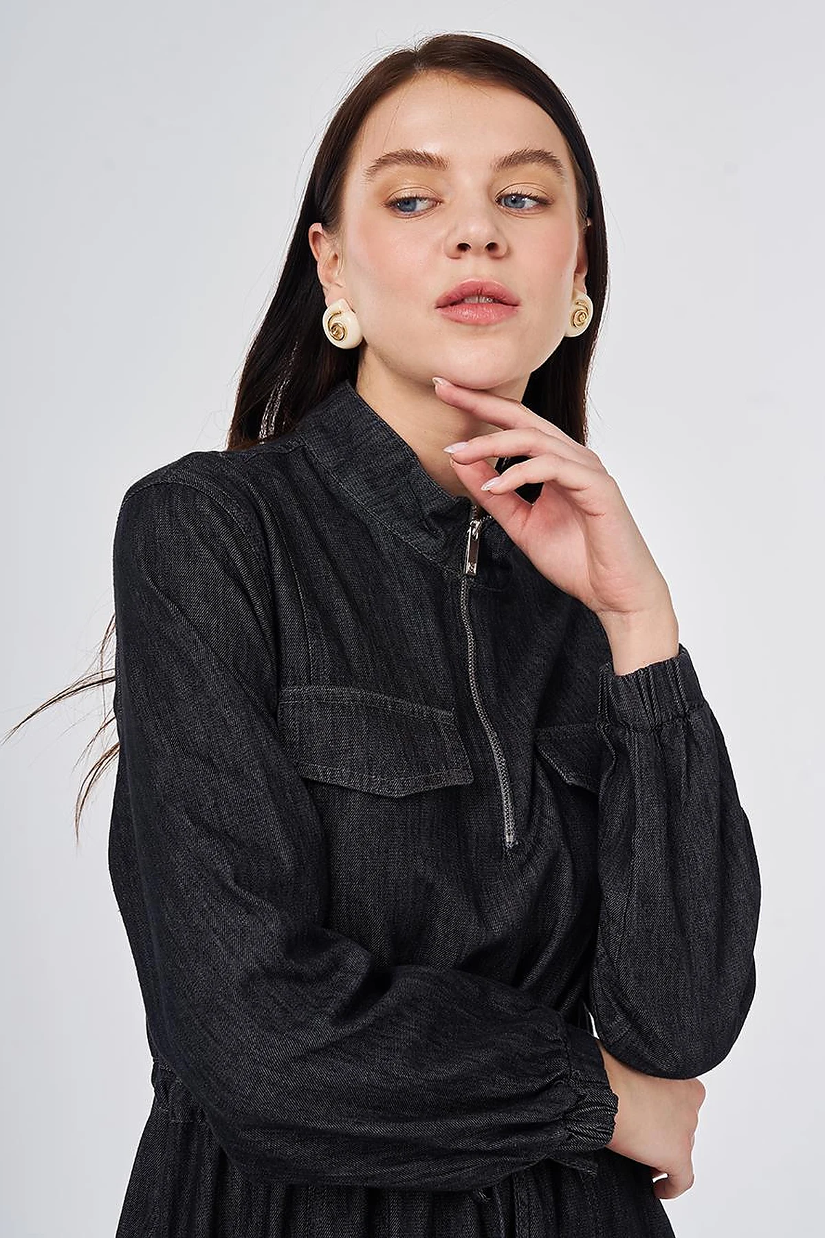 Flap-Pocket Denim Dress Anthracite