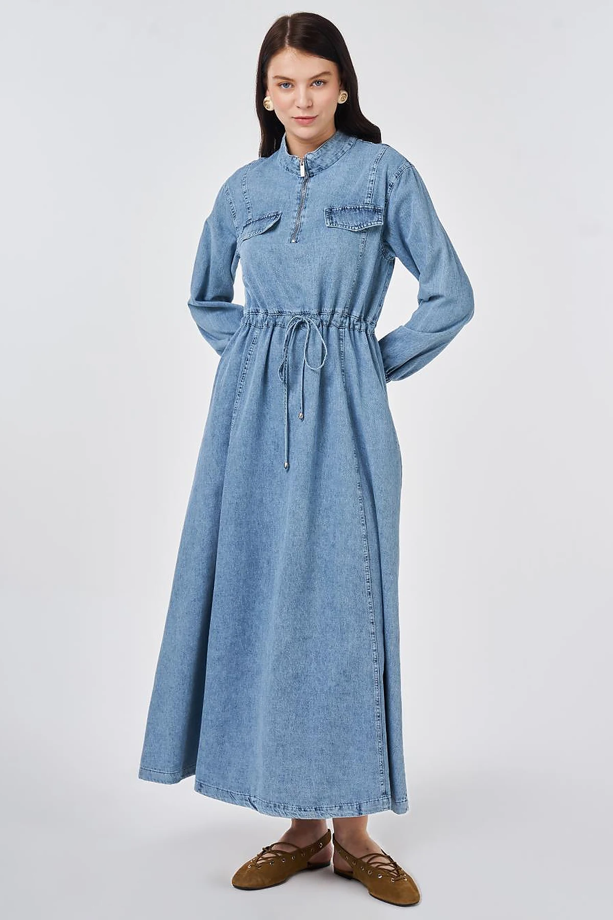 Flap-Pocket Denim Dress Towel Wash