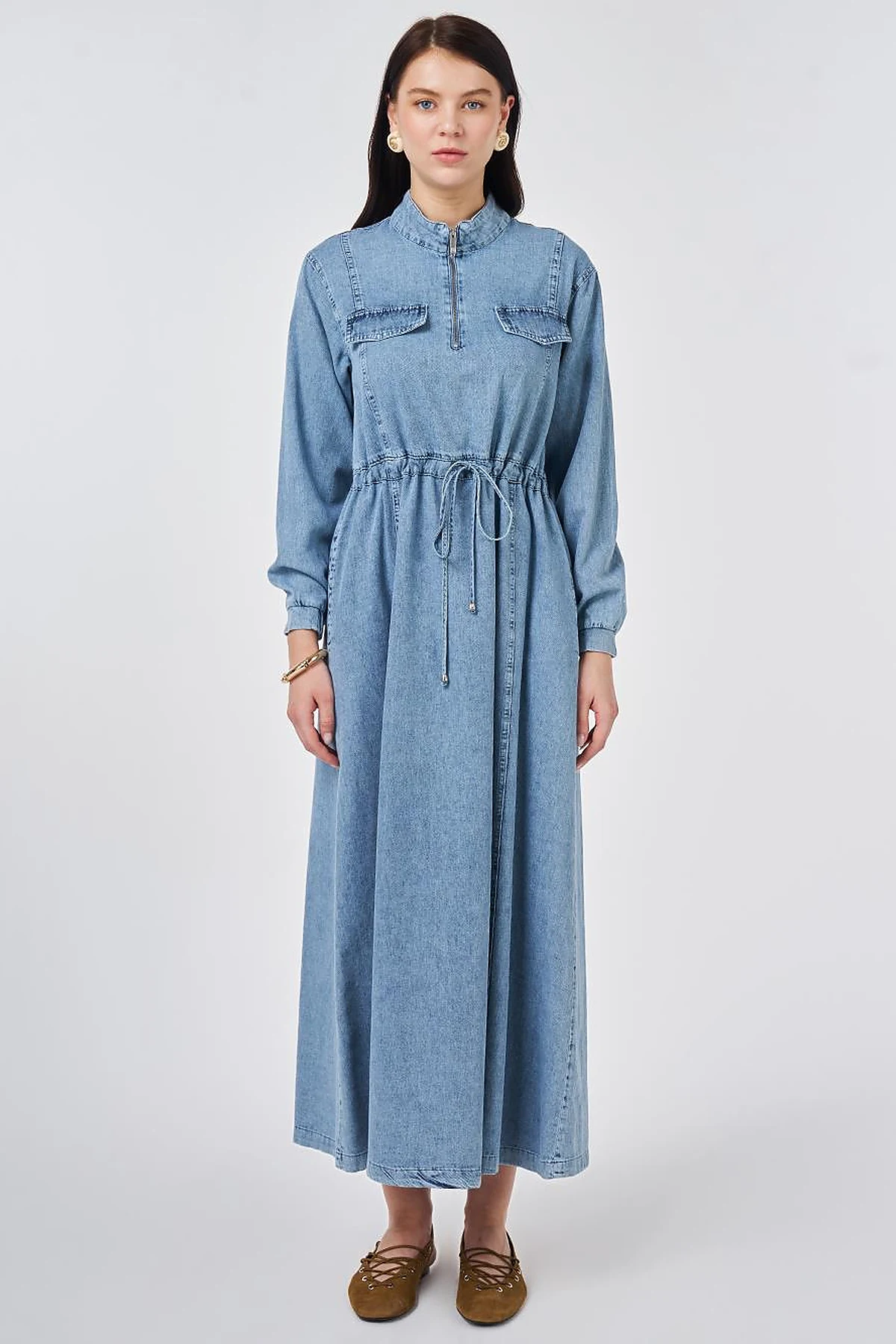 Flap-Pocket Denim Dress Towel Wash