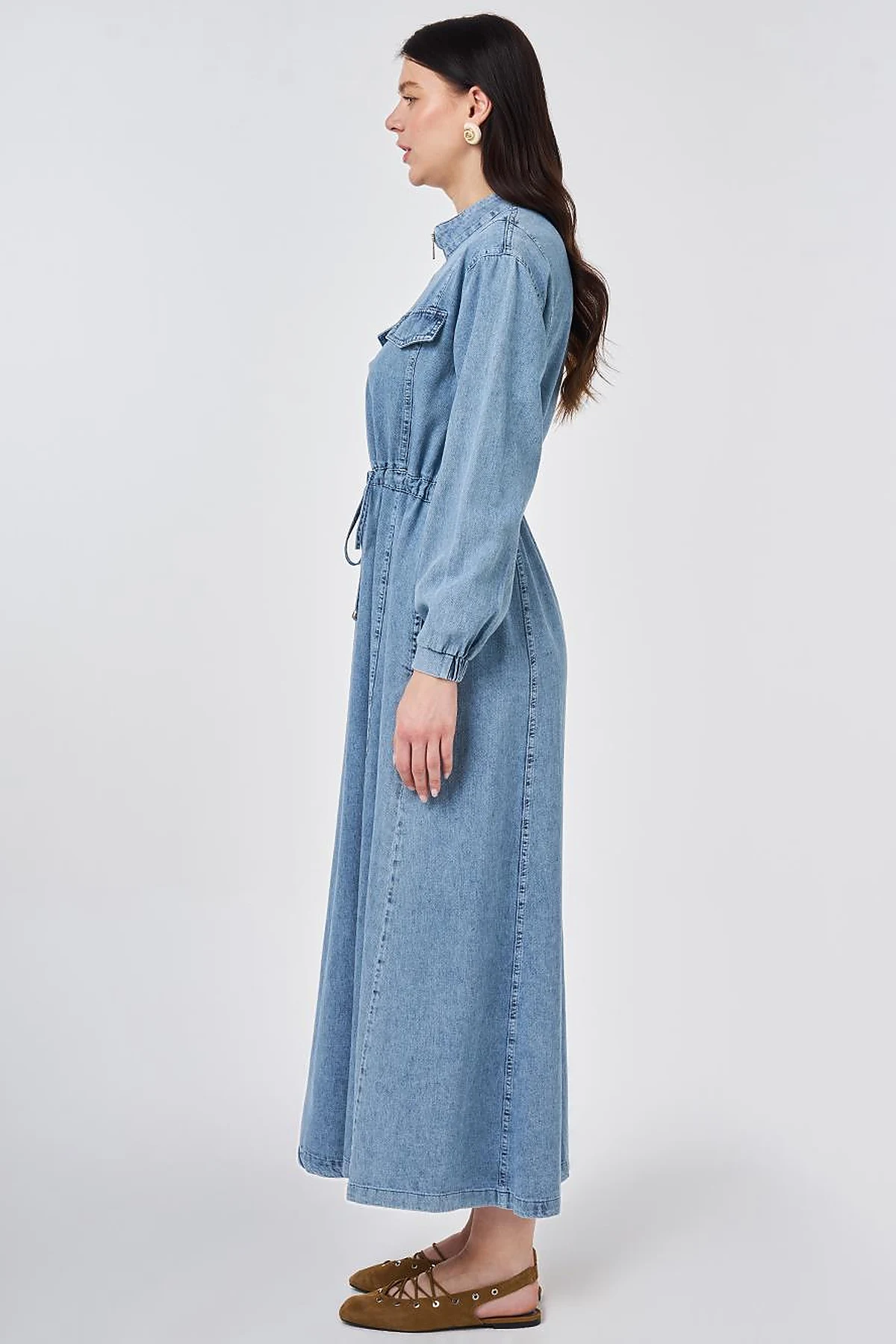 Flap-Pocket Denim Dress Towel Wash