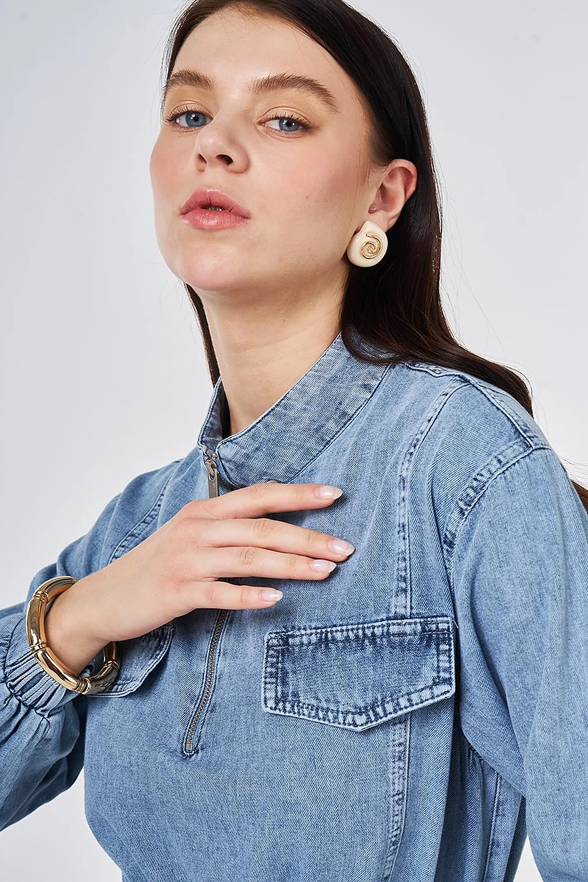Flap-Pocket Denim Dress Towel Wash