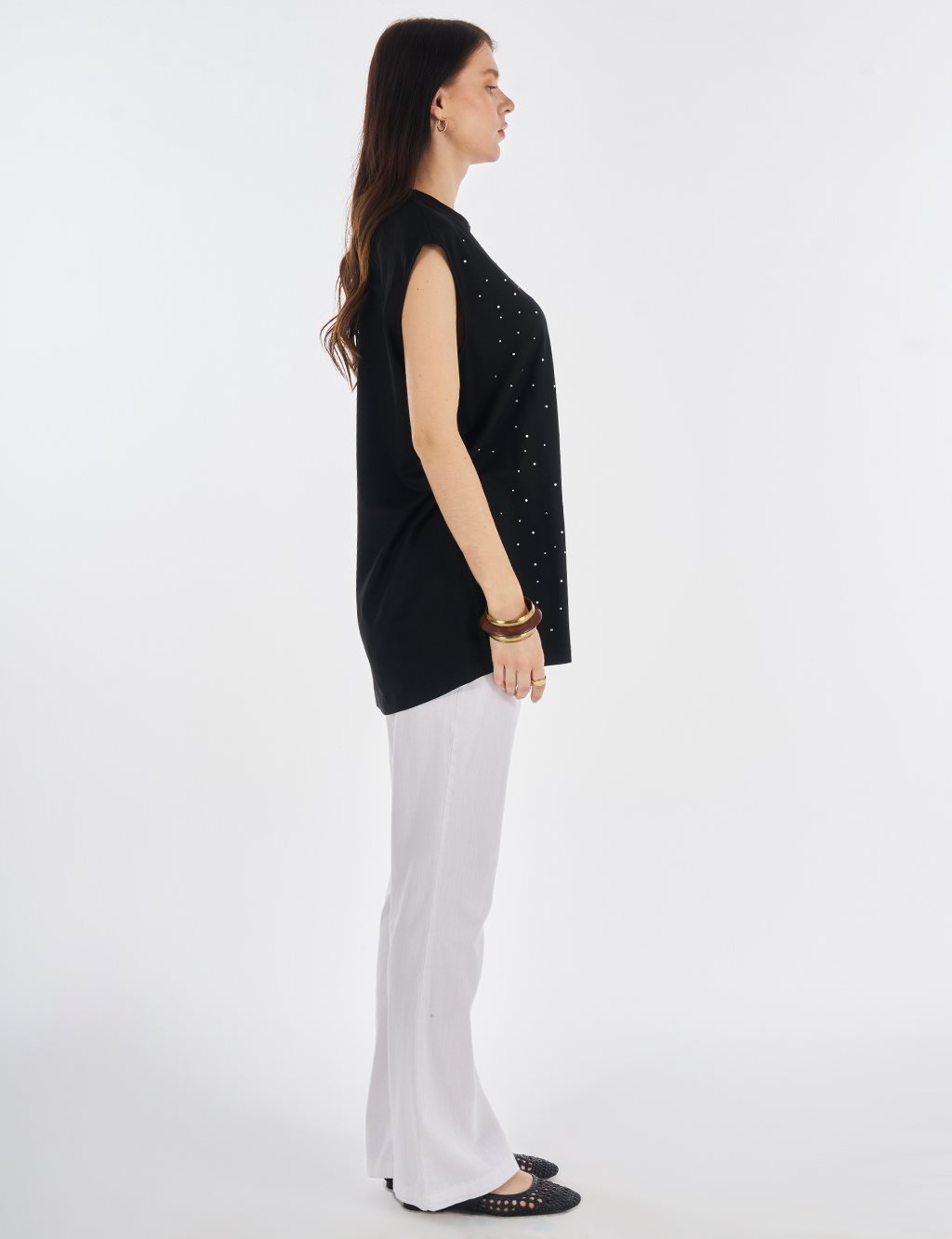 Hotfix Printed Sleeveless Viscose Blouse Black