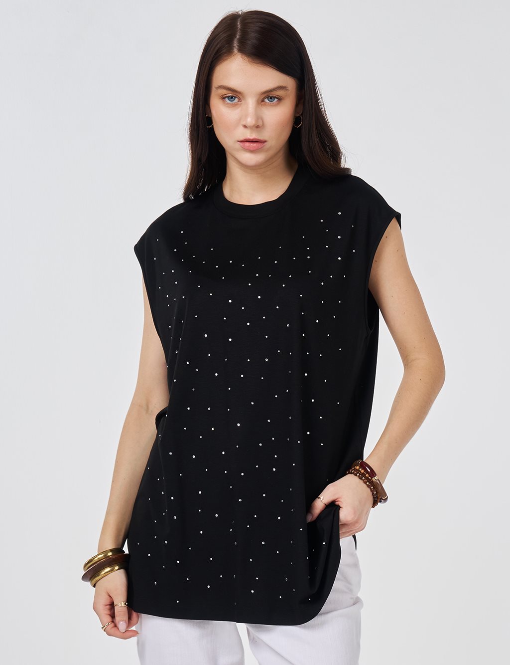 Hotfix Printed Sleeveless Viscose Blouse Black