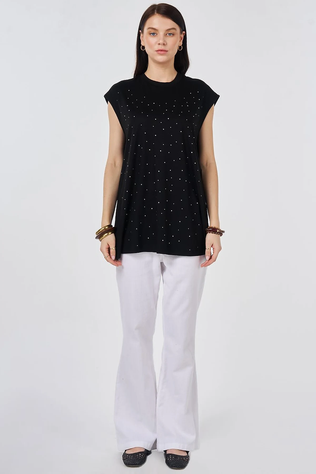 Hotfix Printed Sleeveless Viscose Blouse Black