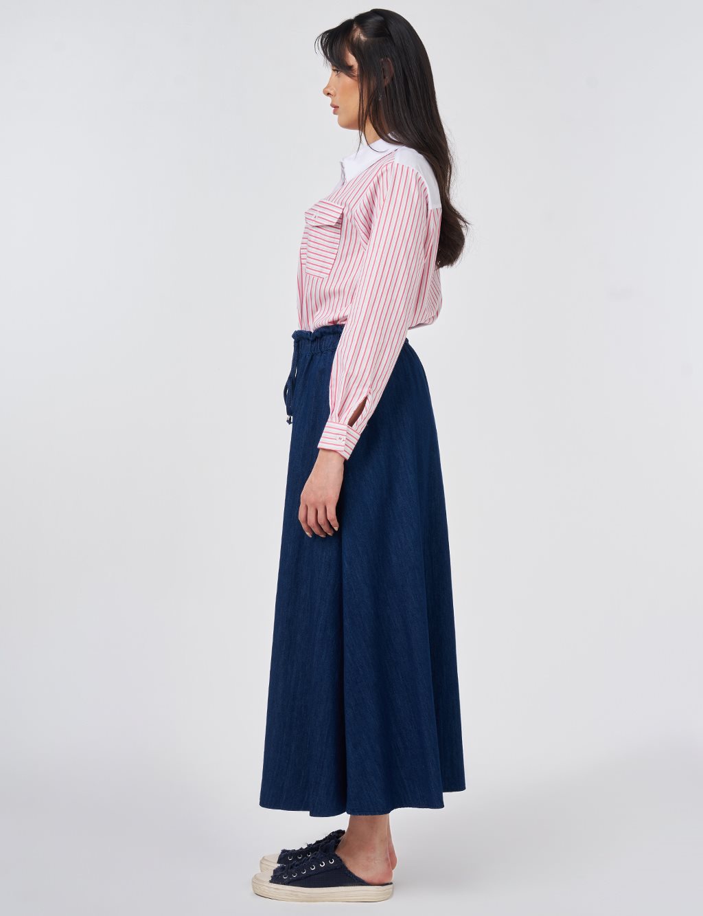 Elastic-Waist Denim Skirt Dark Navy