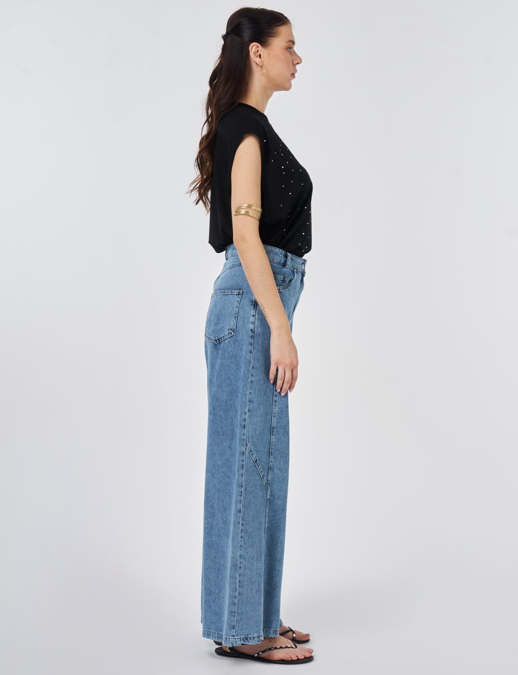 Washed Stitch-Detail Denim Pants Blue