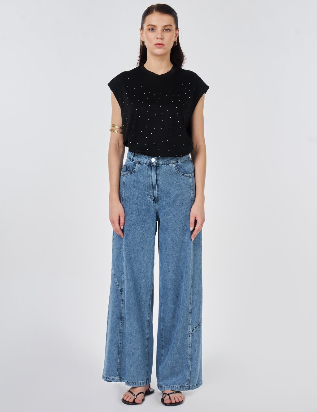 Washed Stitch-Detail Denim Pants Blue