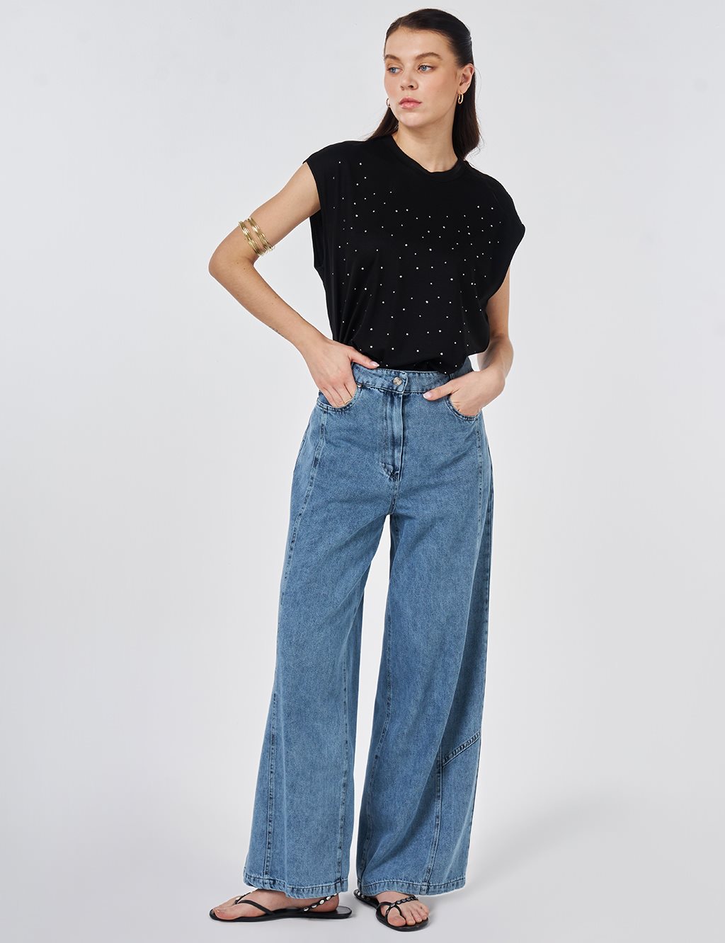 Washed Stitch-Detail Denim Pants Blue