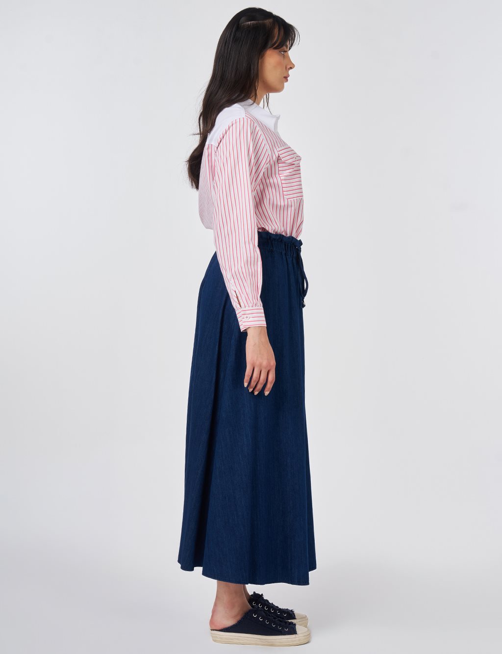 Elastic-Waist Denim Skirt Dark Navy