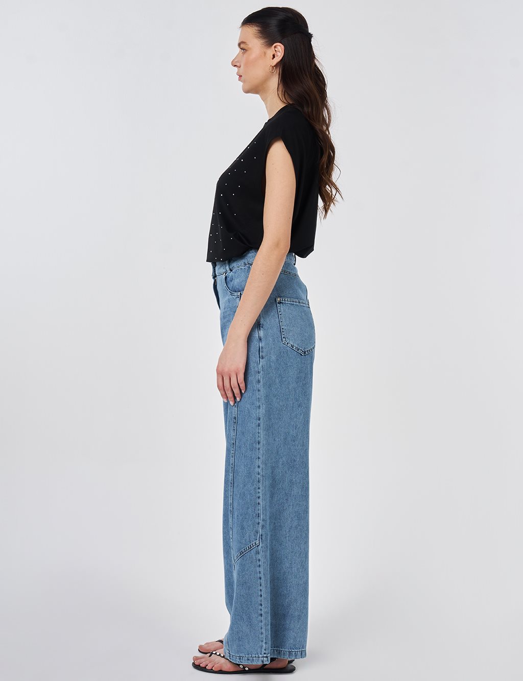 Washed Stitch-Detail Denim Pants Blue