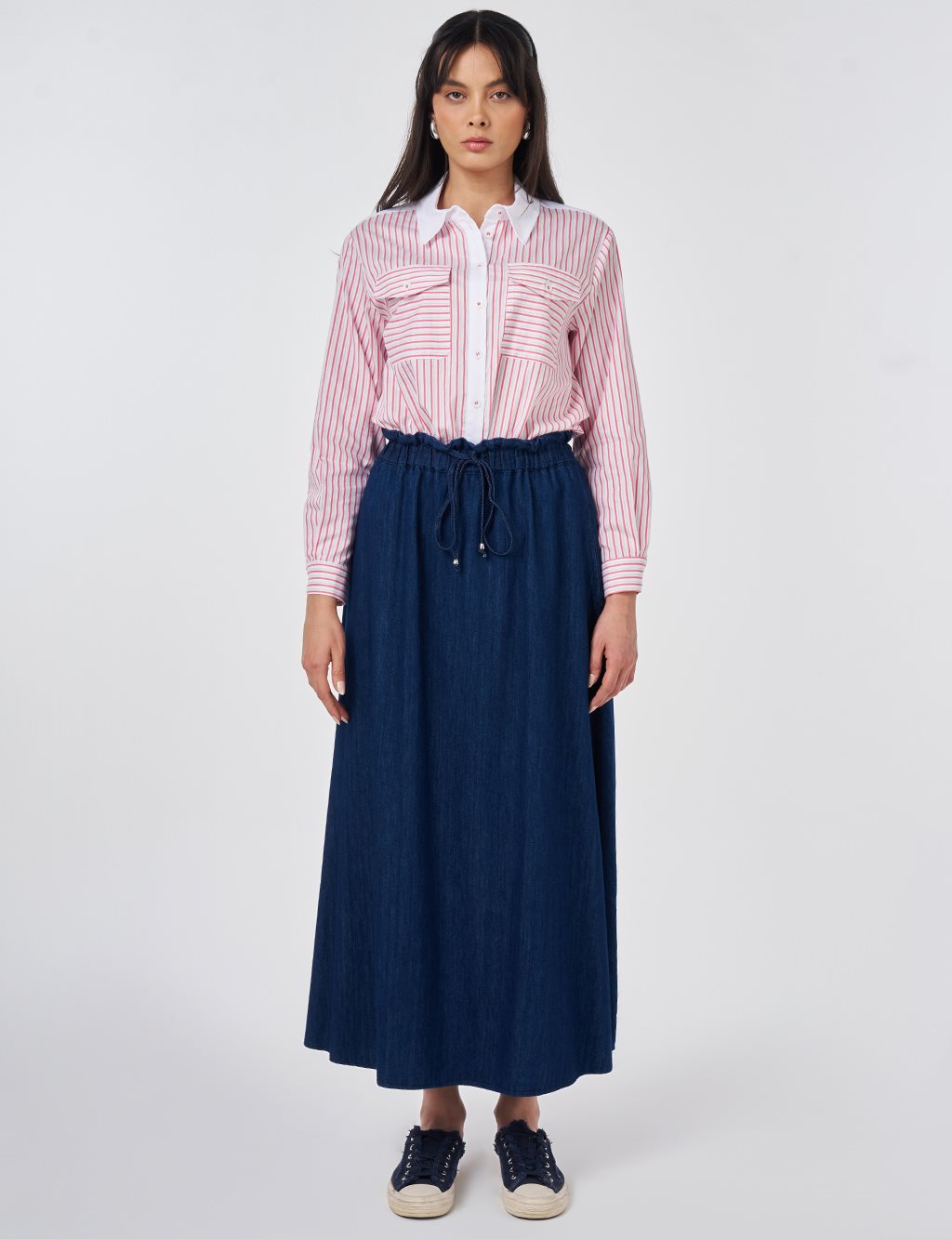 Elastic-Waist Denim Skirt Dark Navy