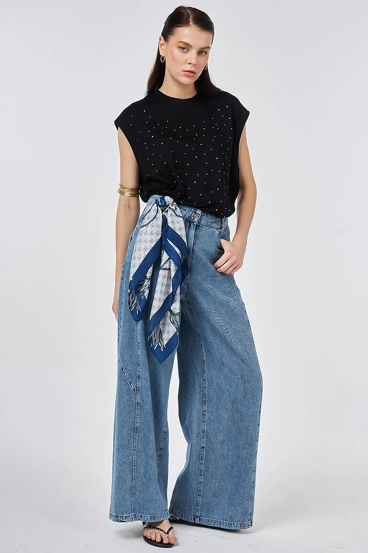 Washed Stitch-Detail Denim Pants Blue