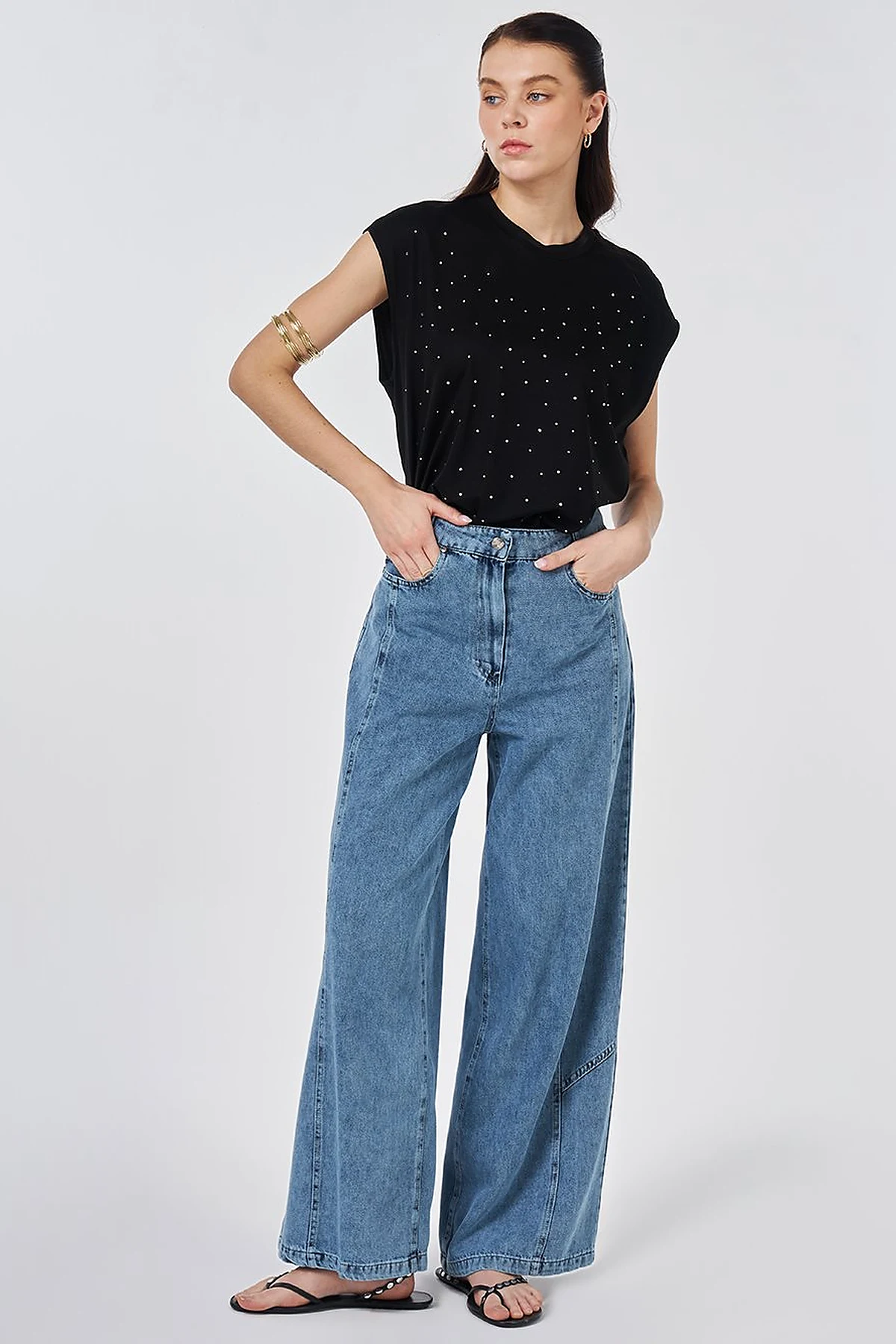 Washed Stitch-Detail Denim Pants Blue