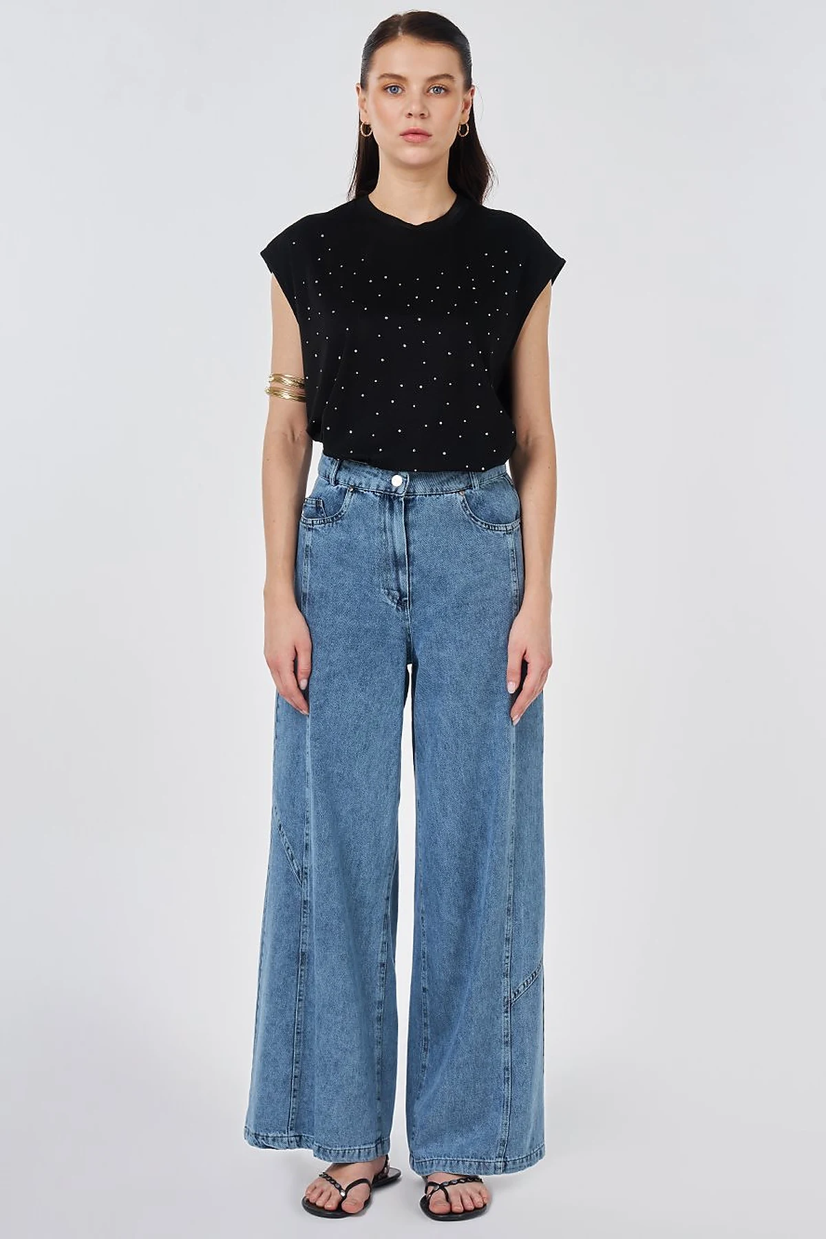 Washed Stitch-Detail Denim Pants Blue