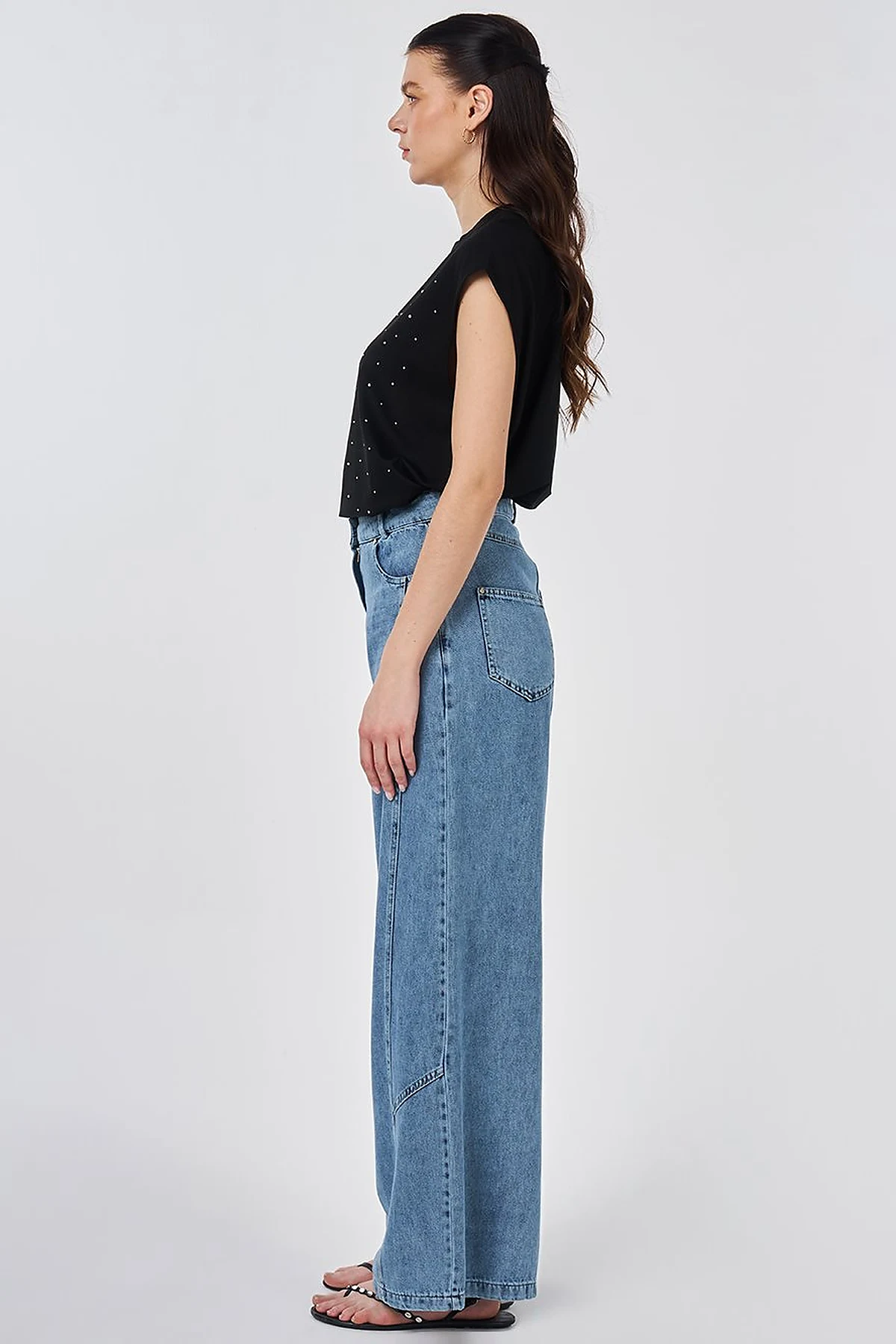 Washed Stitch-Detail Denim Pants Blue