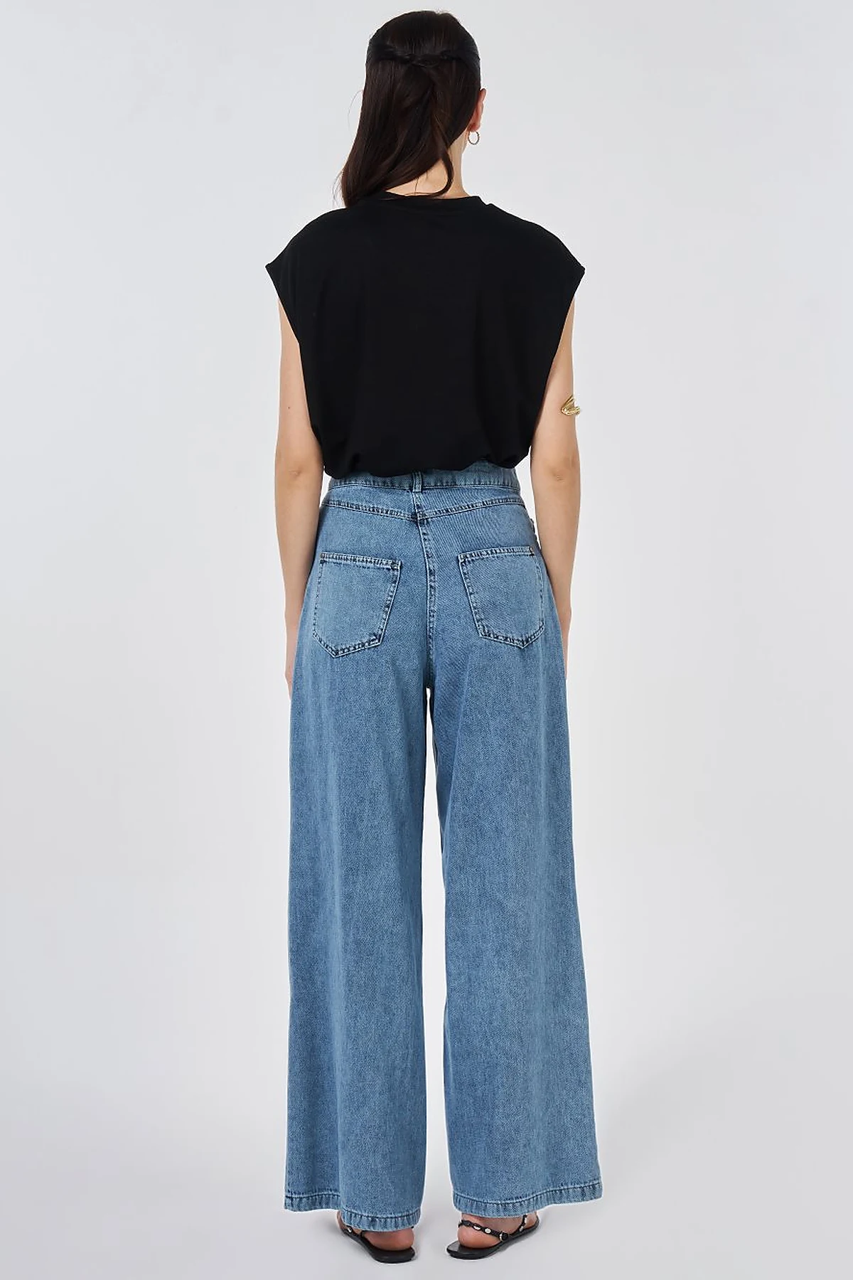 Washed Stitch-Detail Denim Pants Blue