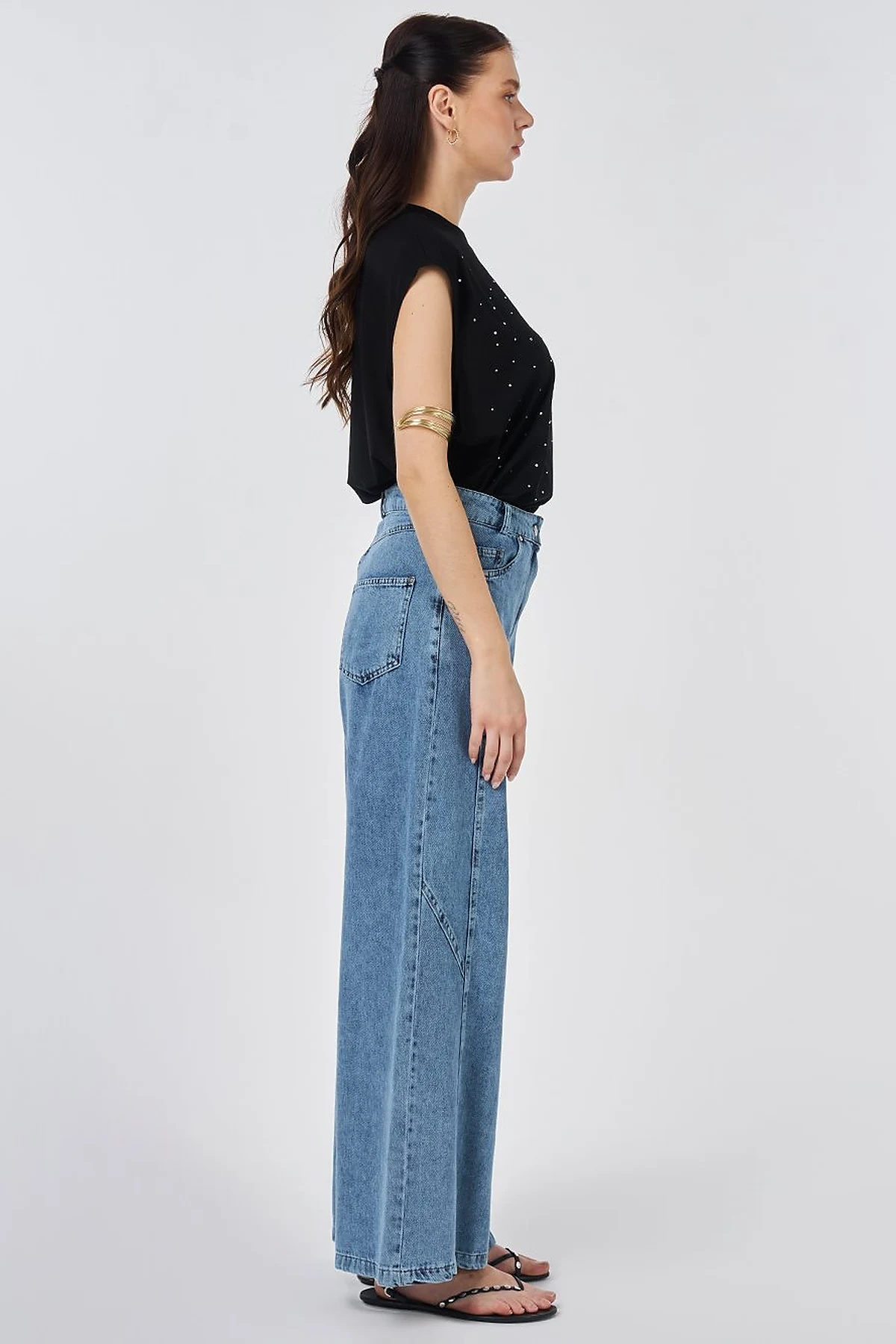 Washed Stitch-Detail Denim Pants Blue