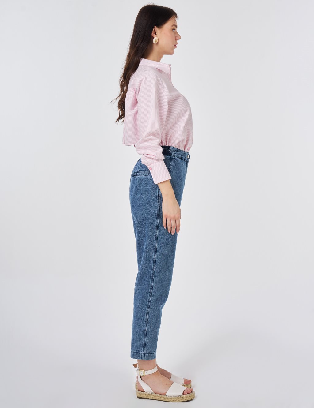 Yıkamalı Elastik Bel Havuç Kesim Denim Pantolon Mavi 