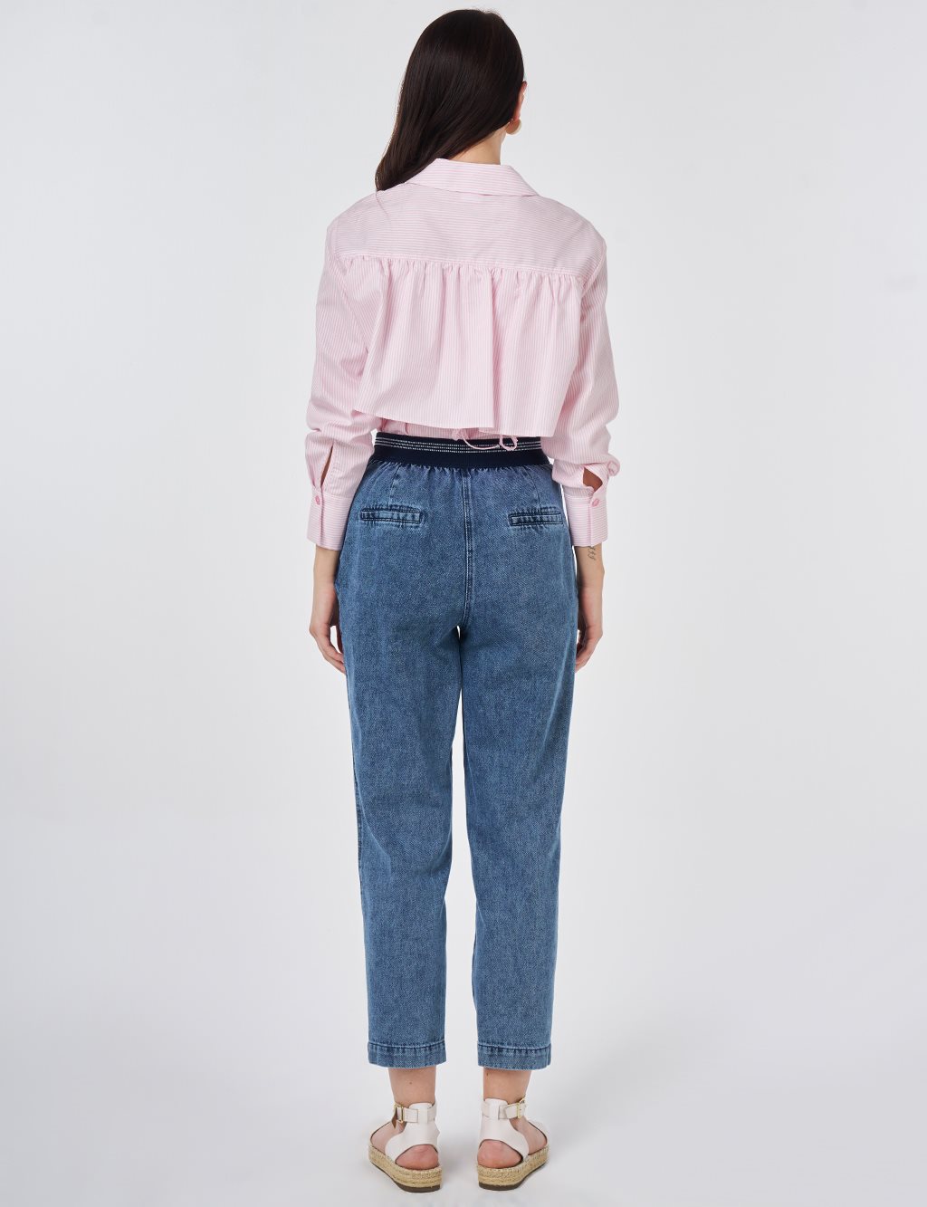 Yıkamalı Elastik Bel Havuç Kesim Denim Pantolon Mavi 