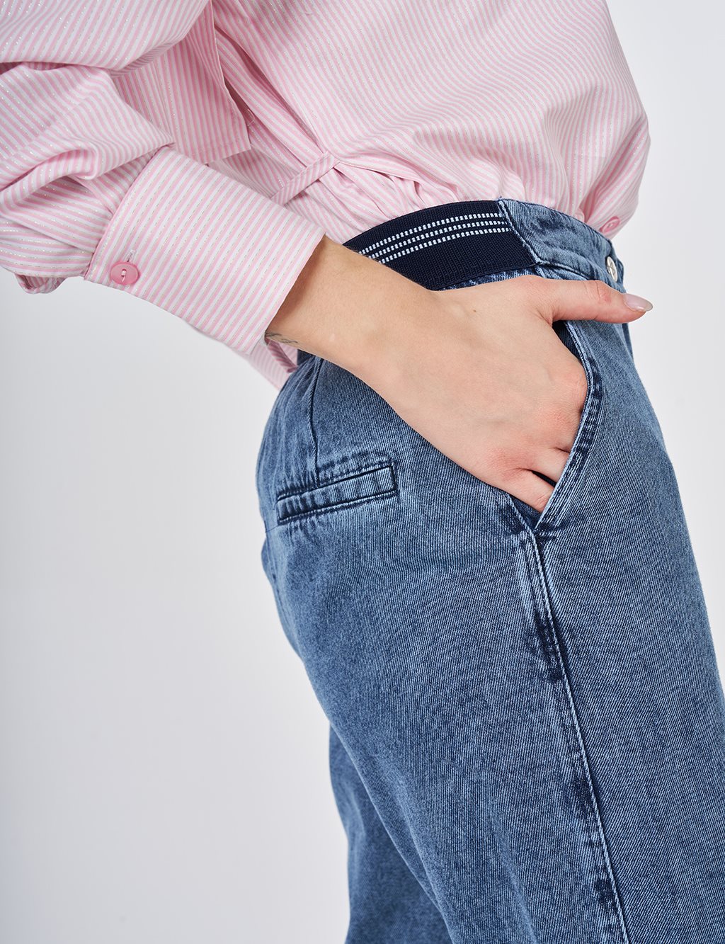 Yıkamalı Elastik Bel Havuç Kesim Denim Pantolon Mavi 