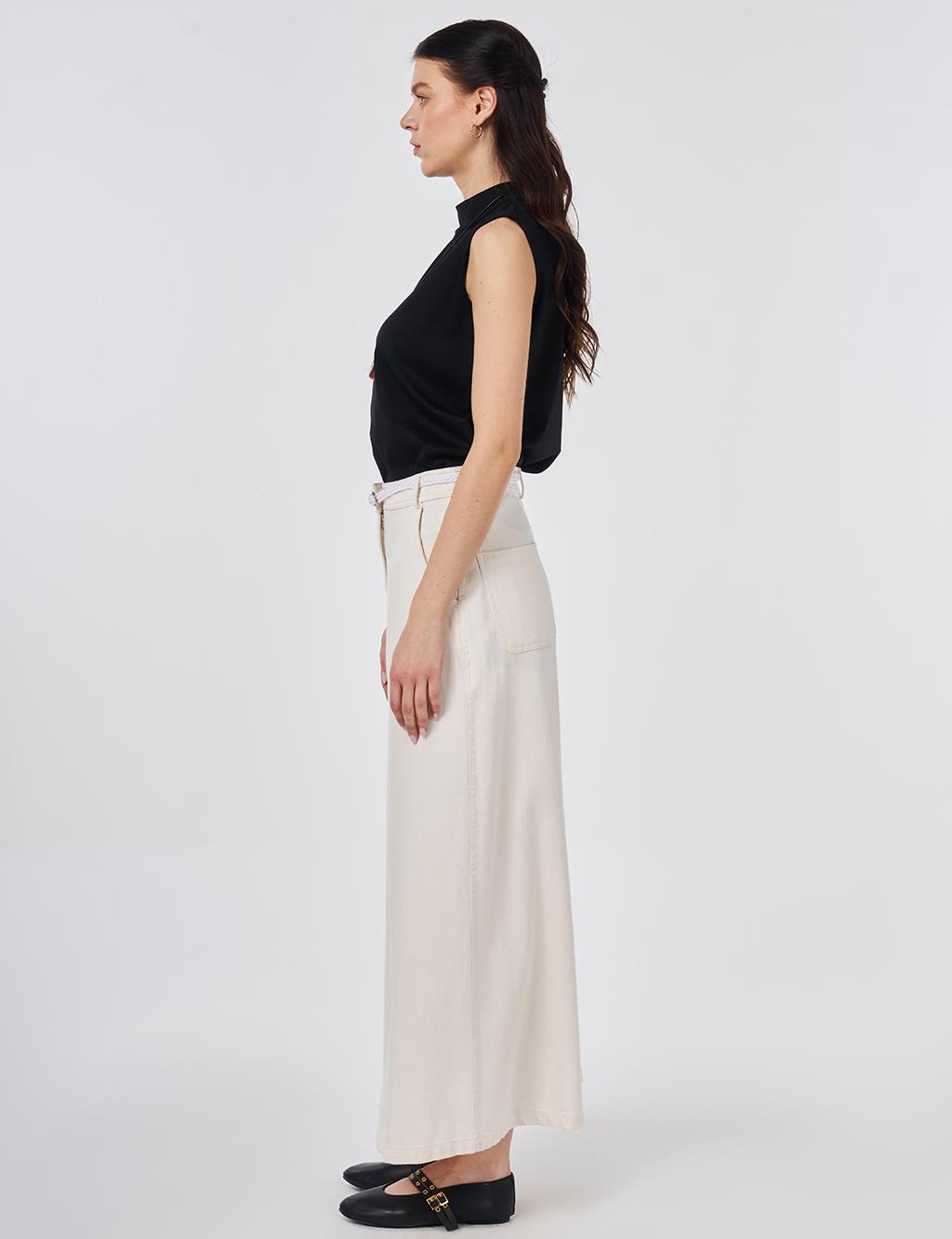 Belt-Detail Non-Denim Skirt Cream