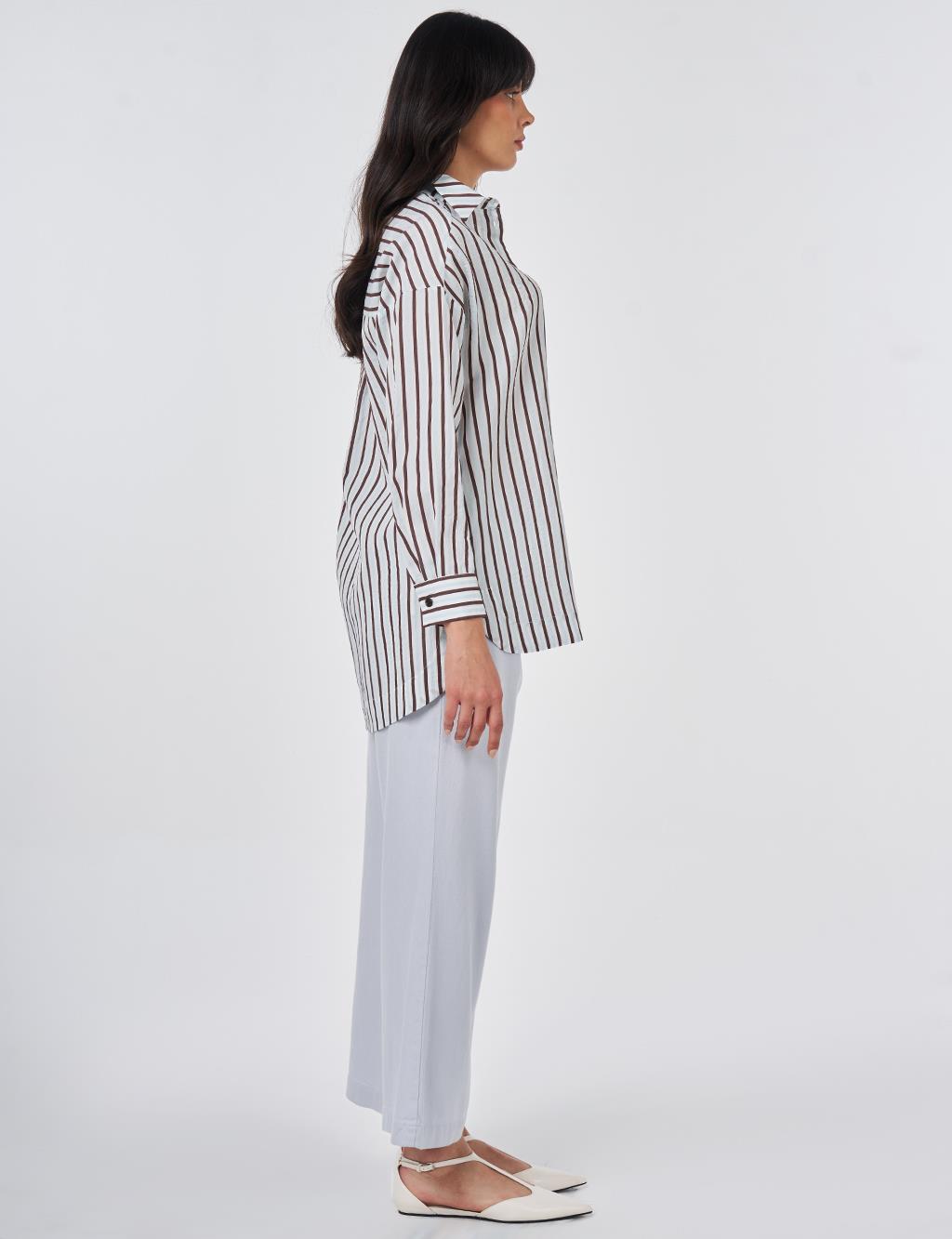 Striped Viscose Tunic Dark Brown