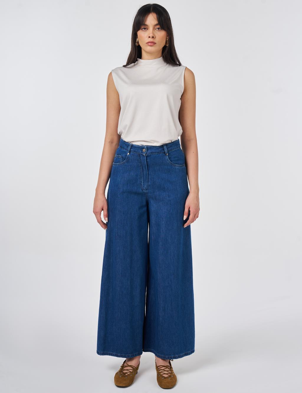 Washed Wide-Leg Denim Trousers Indigo 