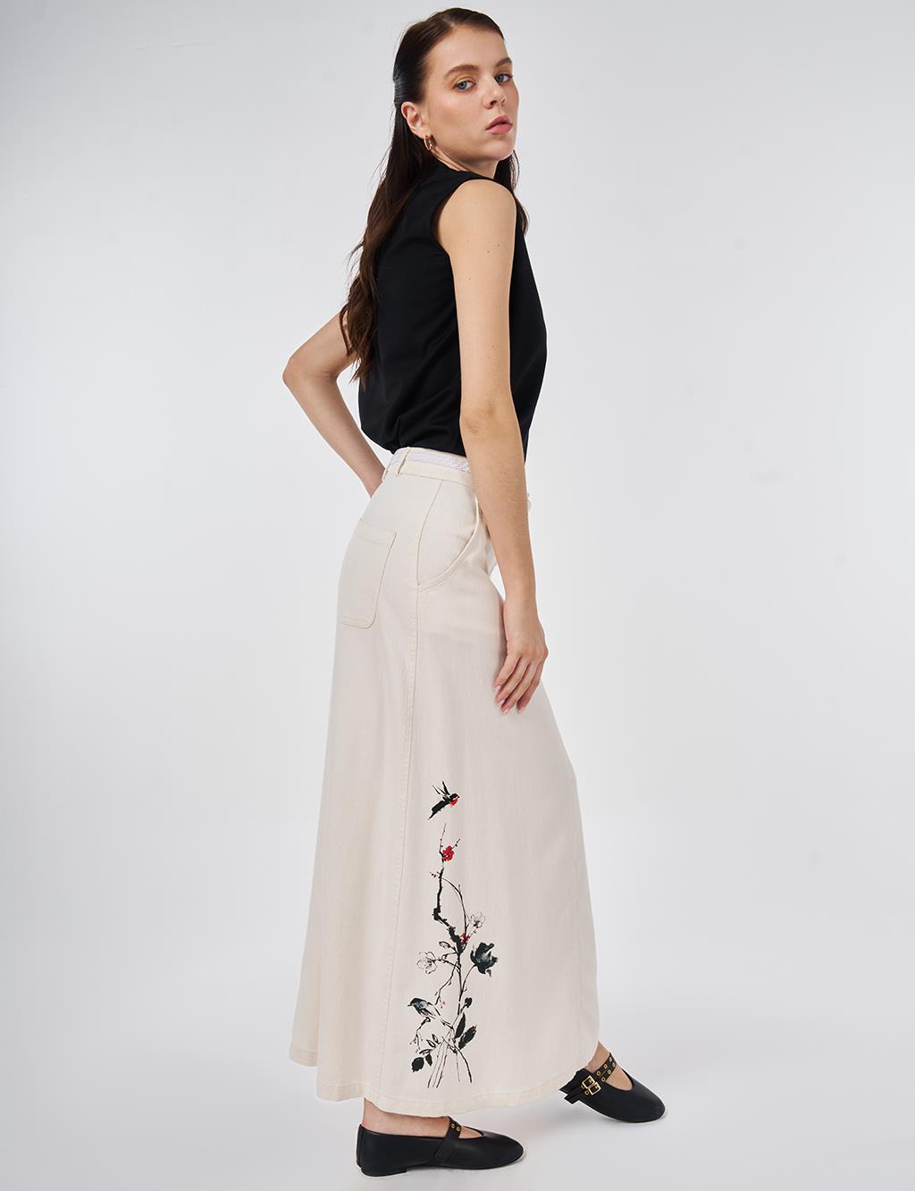 Belt-Detail Non-Denim Skirt Cream