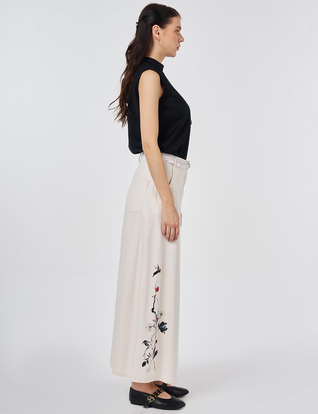 Belt-Detail Non-Denim Skirt Cream