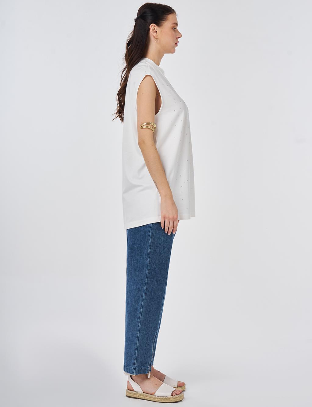 Hotfix Printed Sleeveless Viscose Blouse Ecru