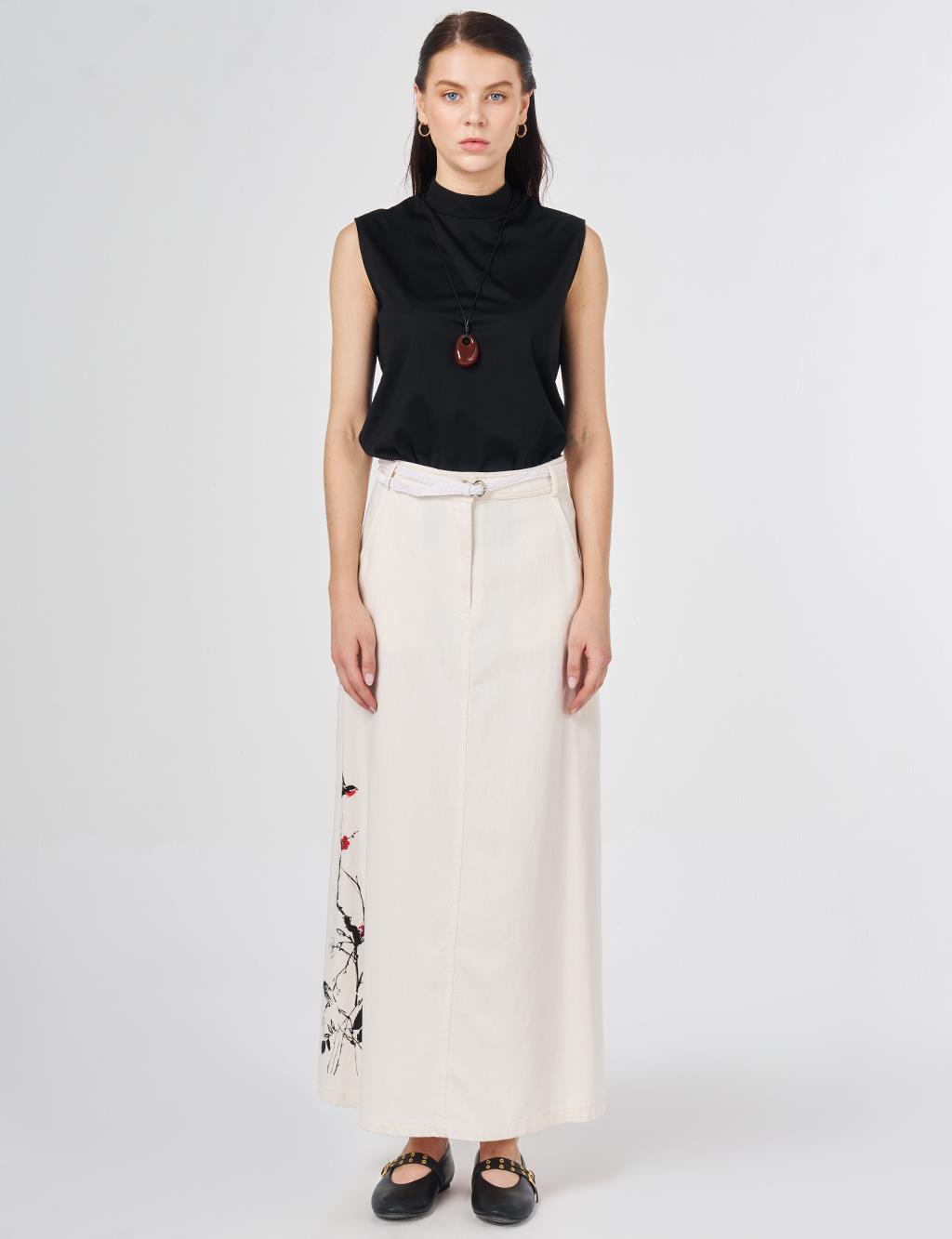 Belt-Detail Non-Denim Skirt Cream