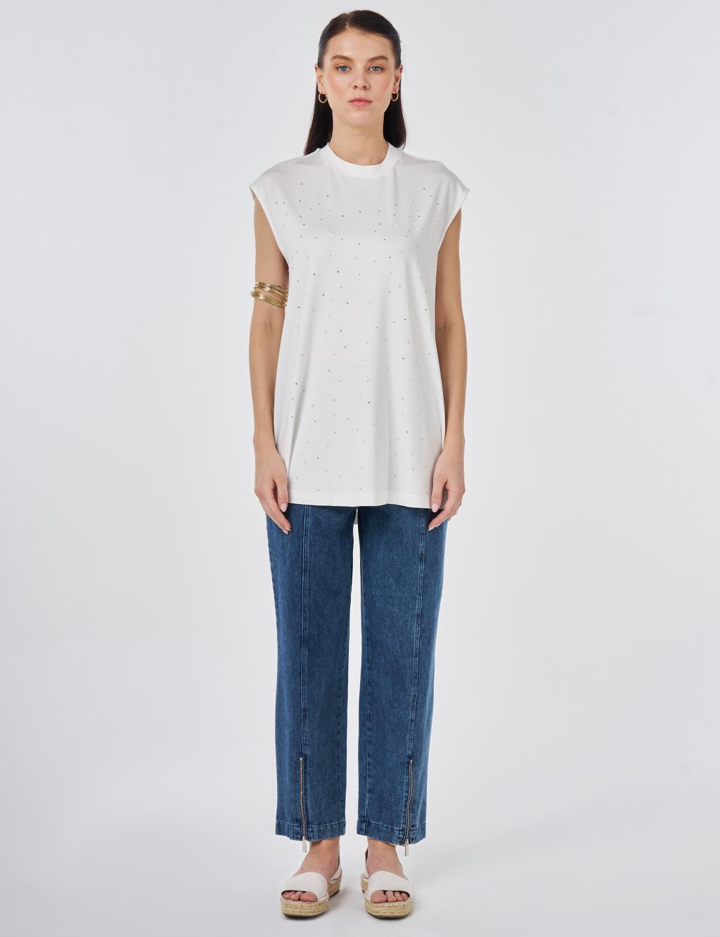 Hotfix Printed Sleeveless Viscose Blouse Ecru