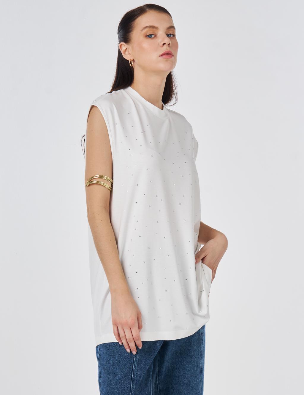 Hotfix Printed Sleeveless Viscose Blouse Ecru