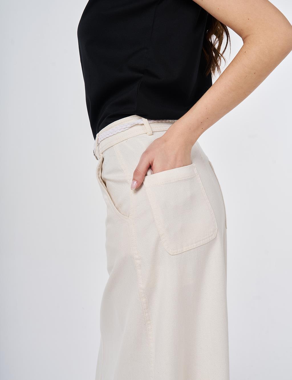Belt-Detail Non-Denim Skirt Cream