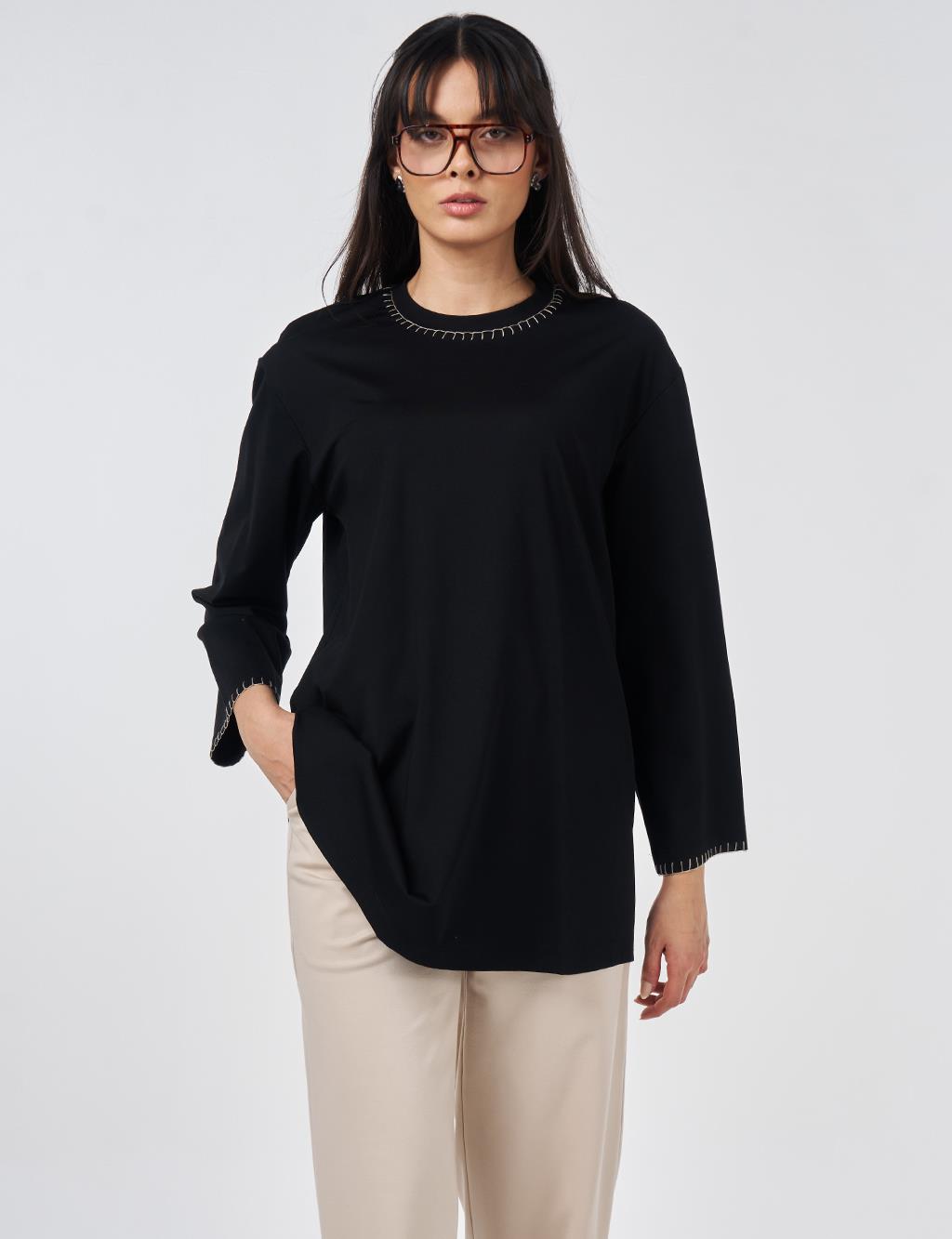 Topstitched Jersey Sweatshirt Black