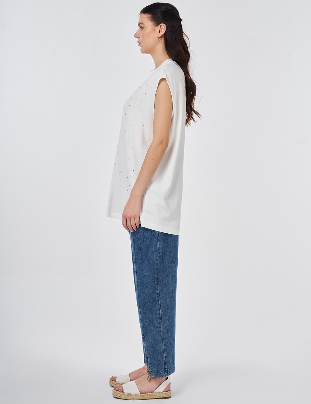 Hotfix Printed Sleeveless Viscose Blouse Ecru