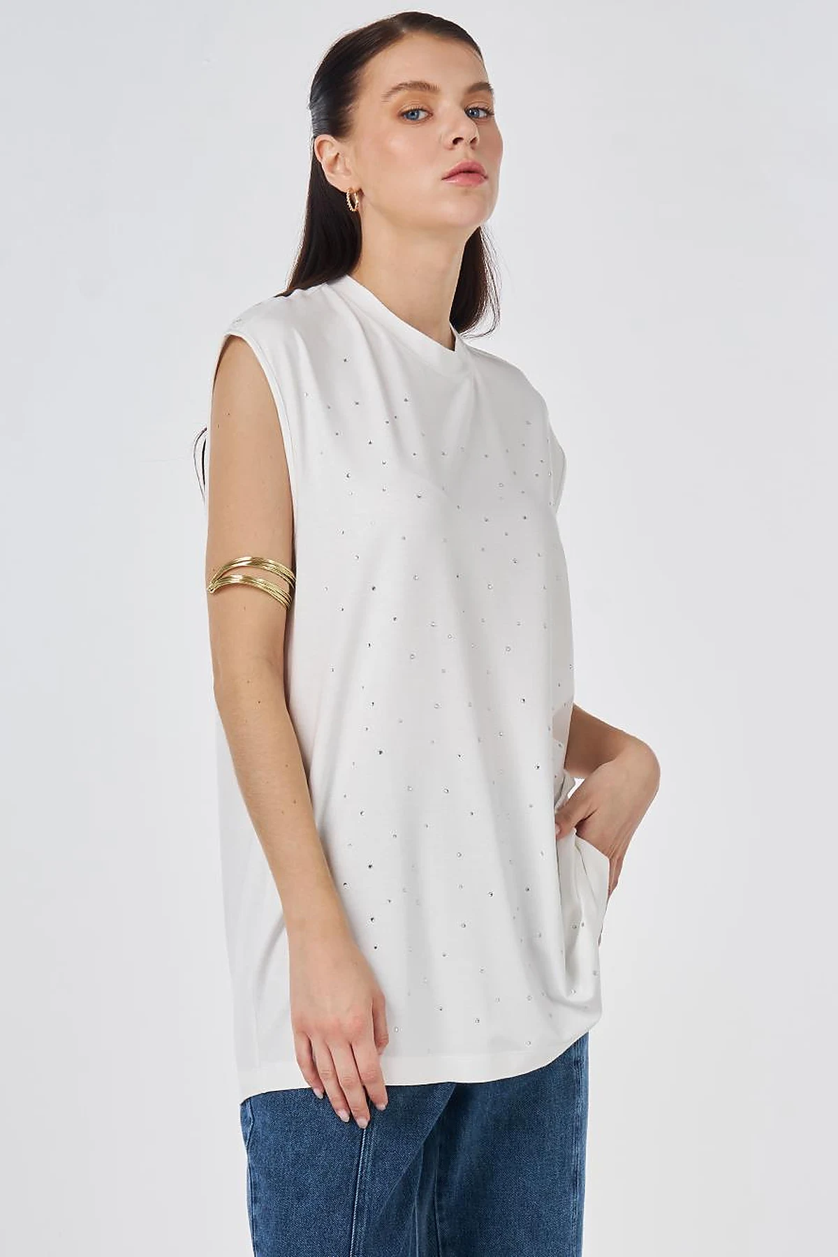 Hotfix Printed Sleeveless Viscose Blouse Ecru
