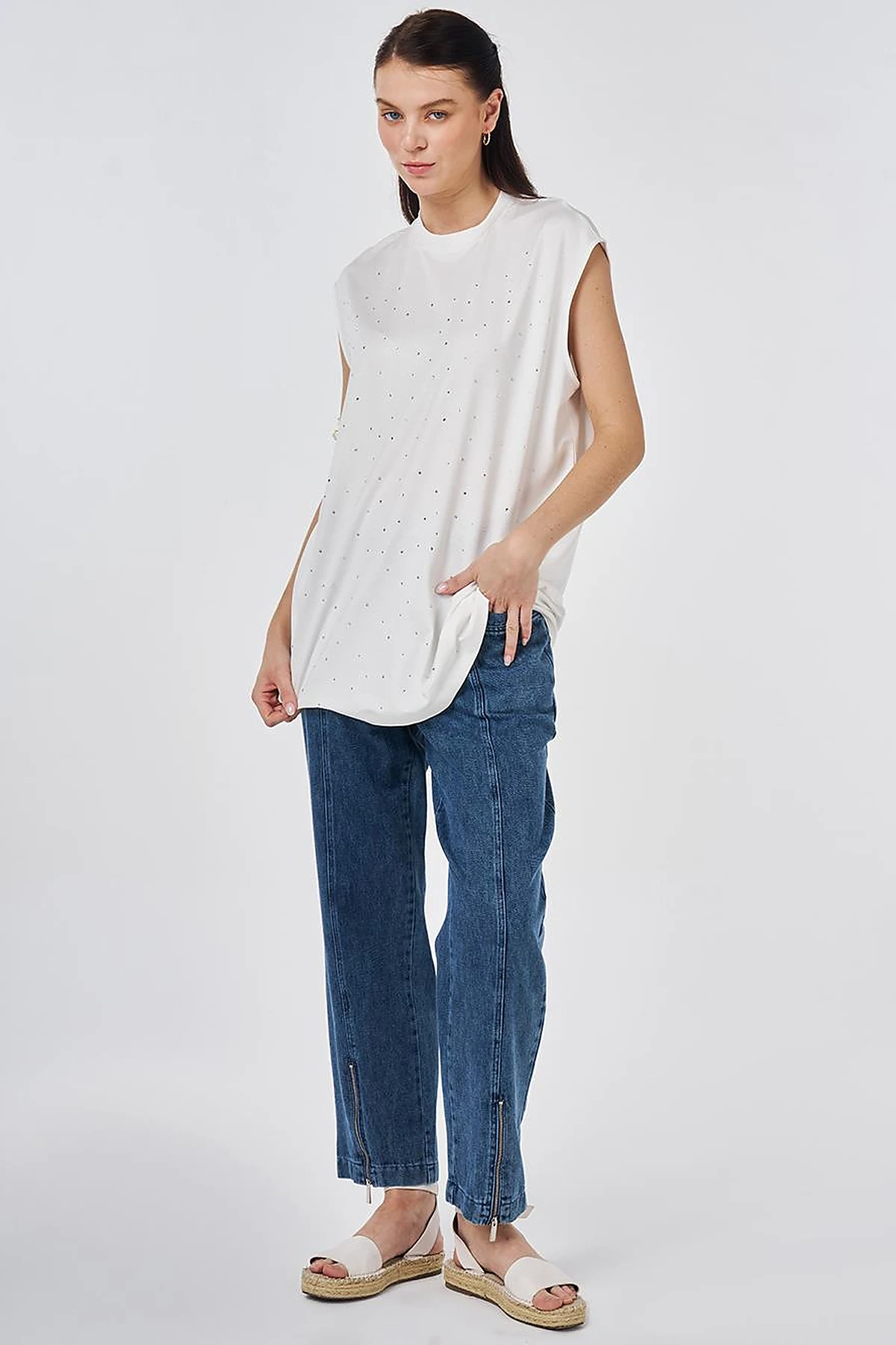 Hotfix Printed Sleeveless Viscose Blouse Ecru