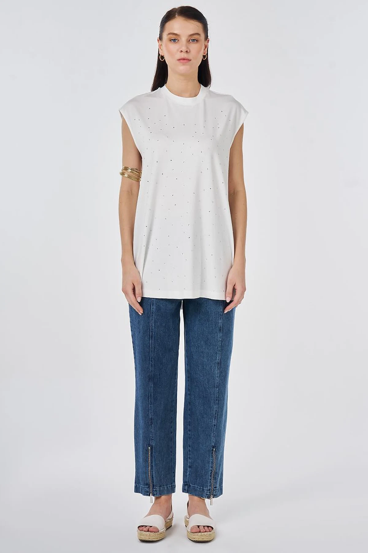 Hotfix Printed Sleeveless Viscose Blouse Ecru