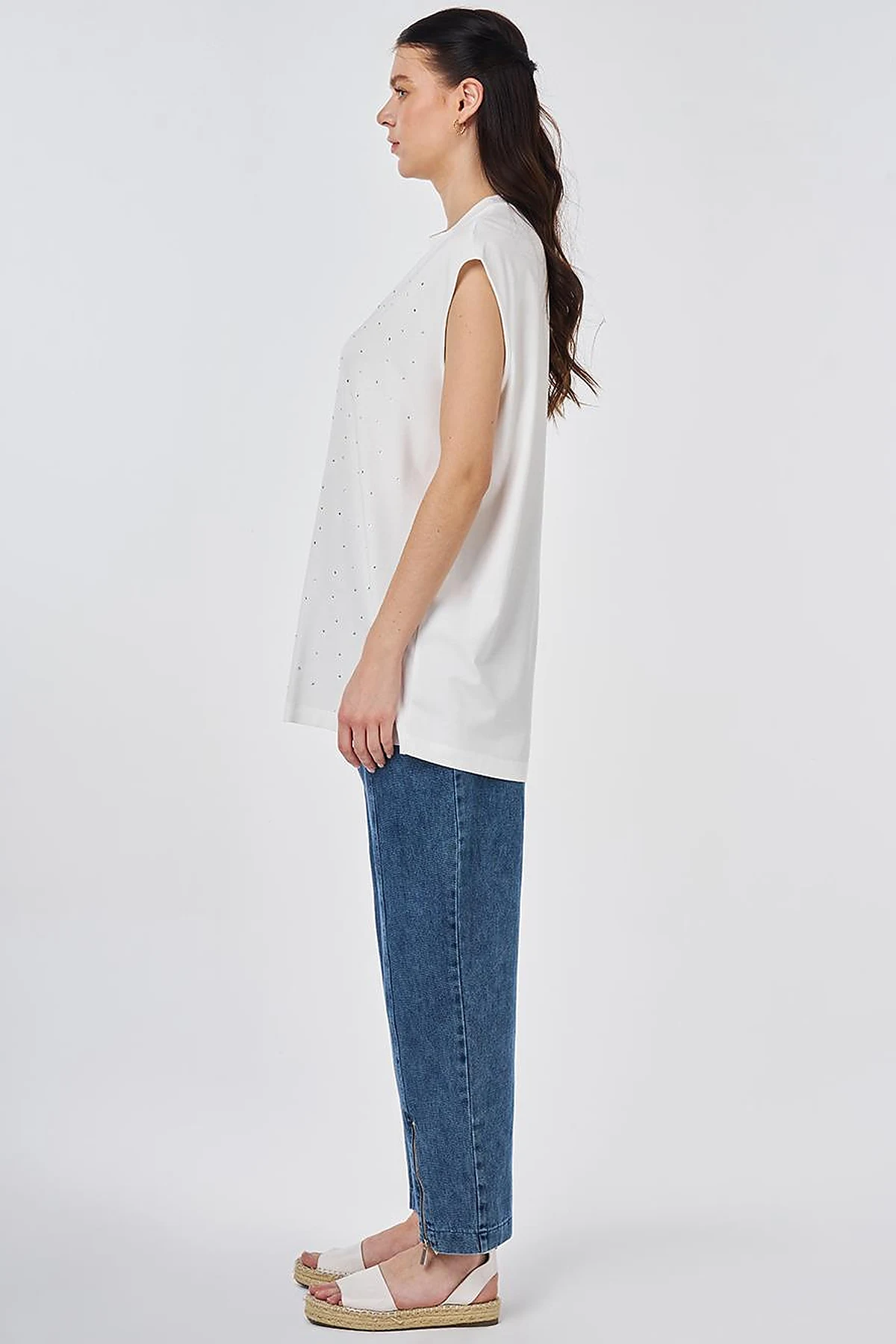 Hotfix Printed Sleeveless Viscose Blouse Ecru