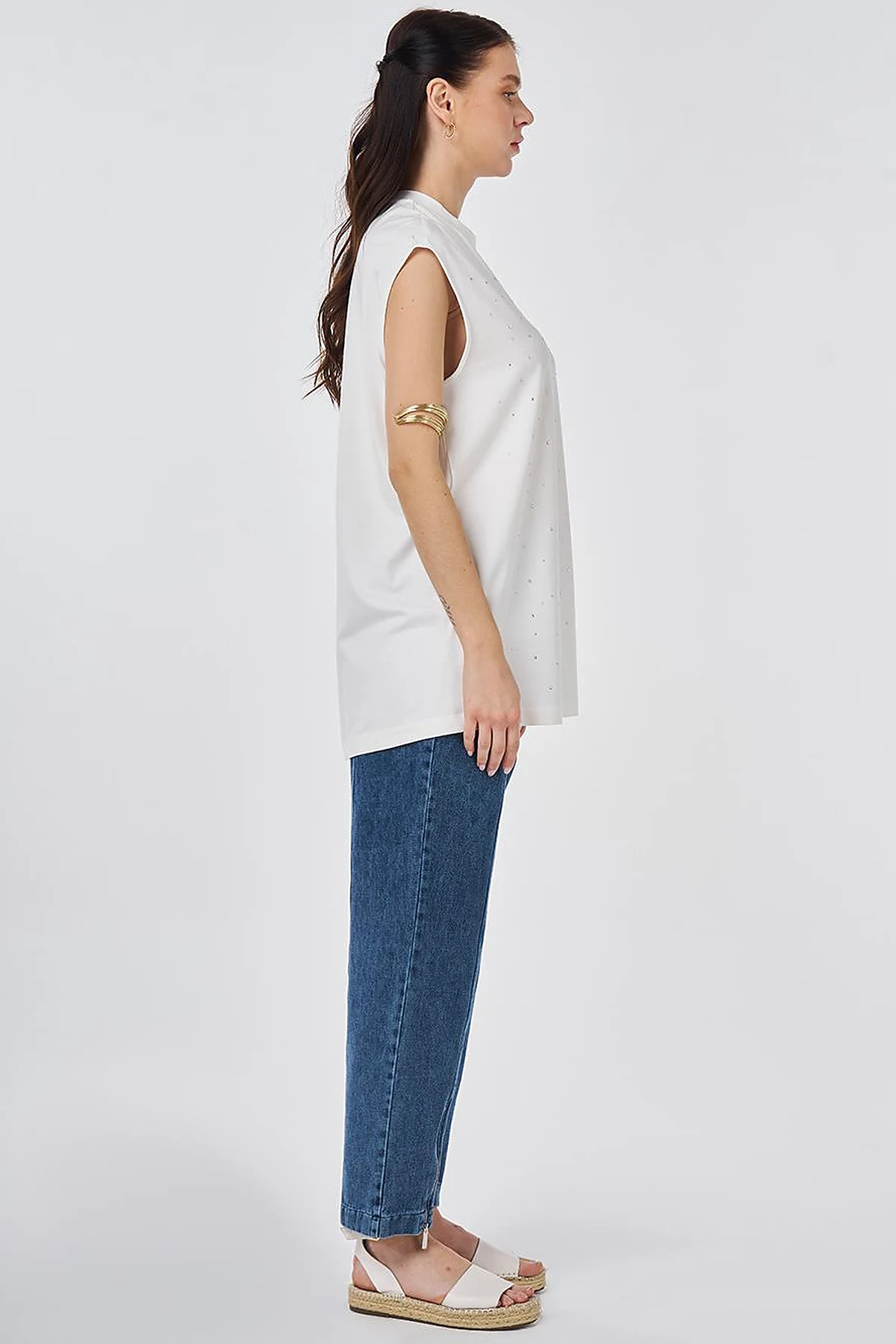 Hotfix Printed Sleeveless Viscose Blouse Ecru