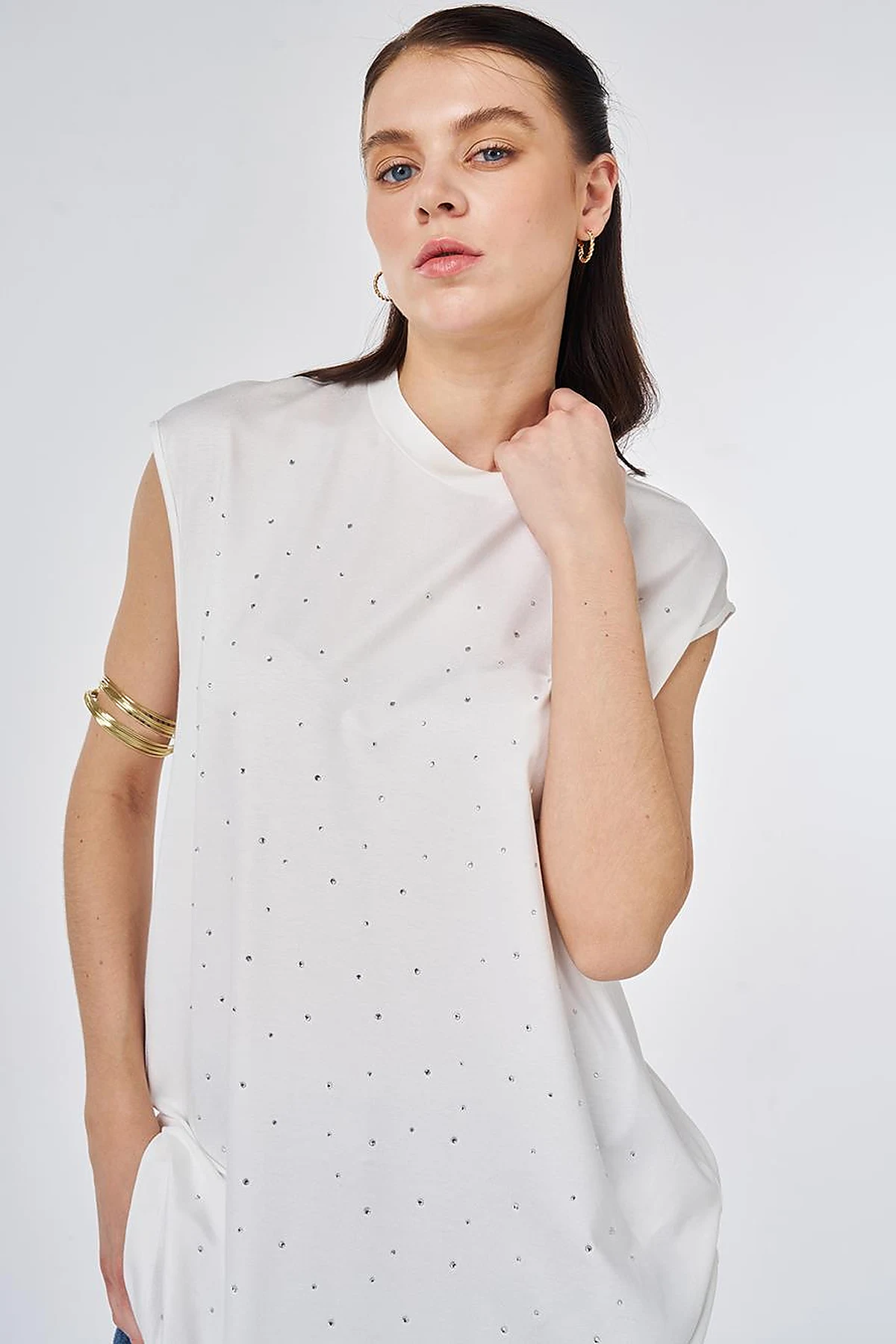 Hotfix Printed Sleeveless Viscose Blouse Ecru