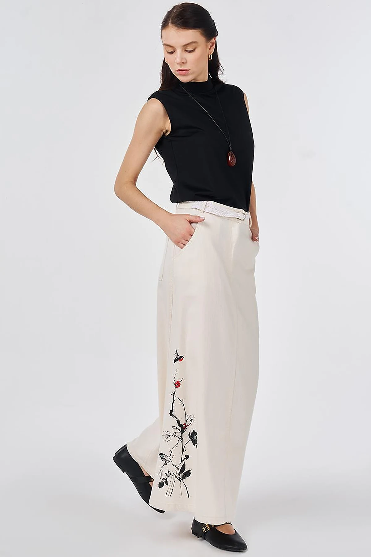 Belt-Detail Non-Denim Skirt Cream