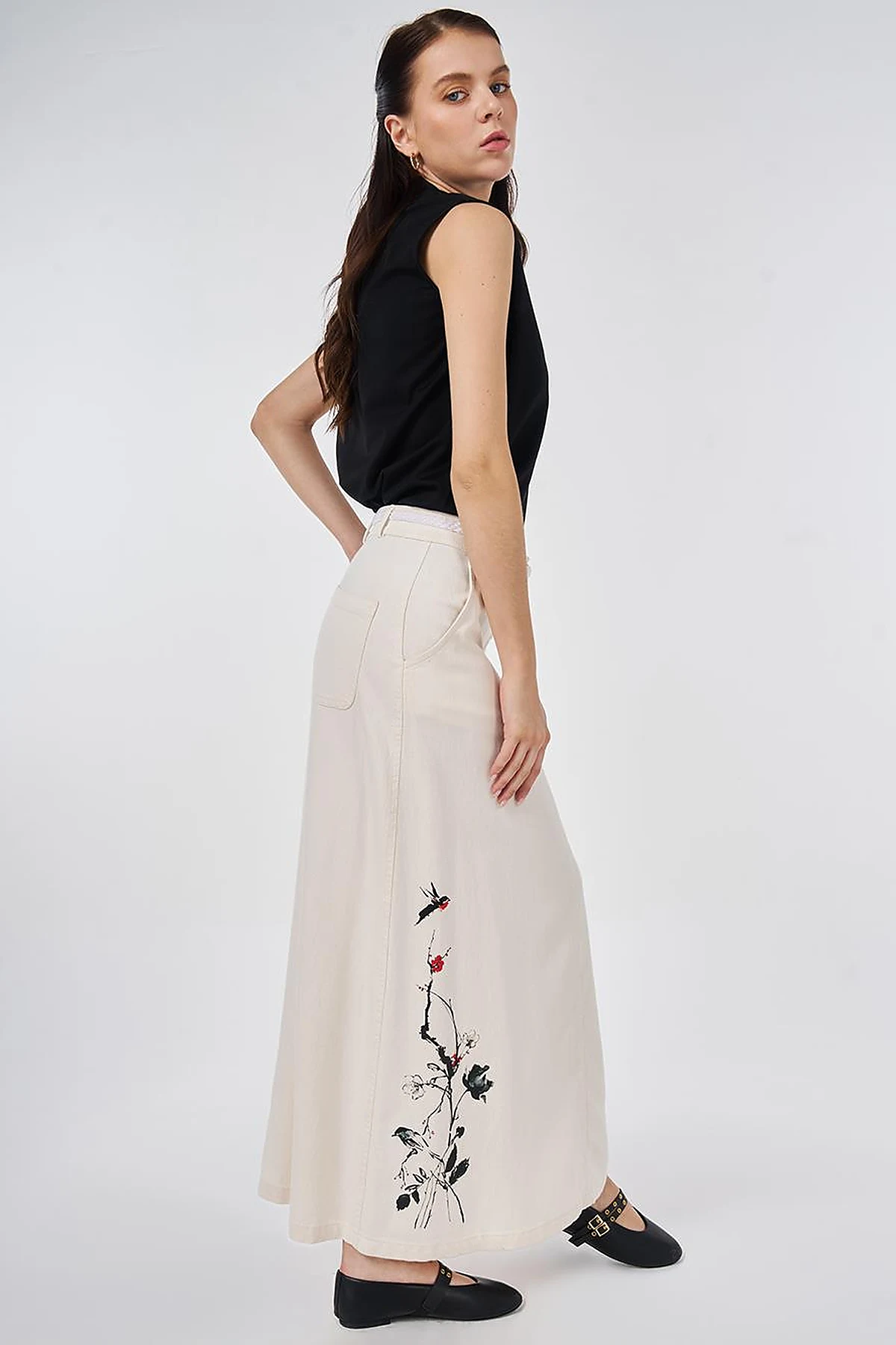 Belt-Detail Non-Denim Skirt Cream